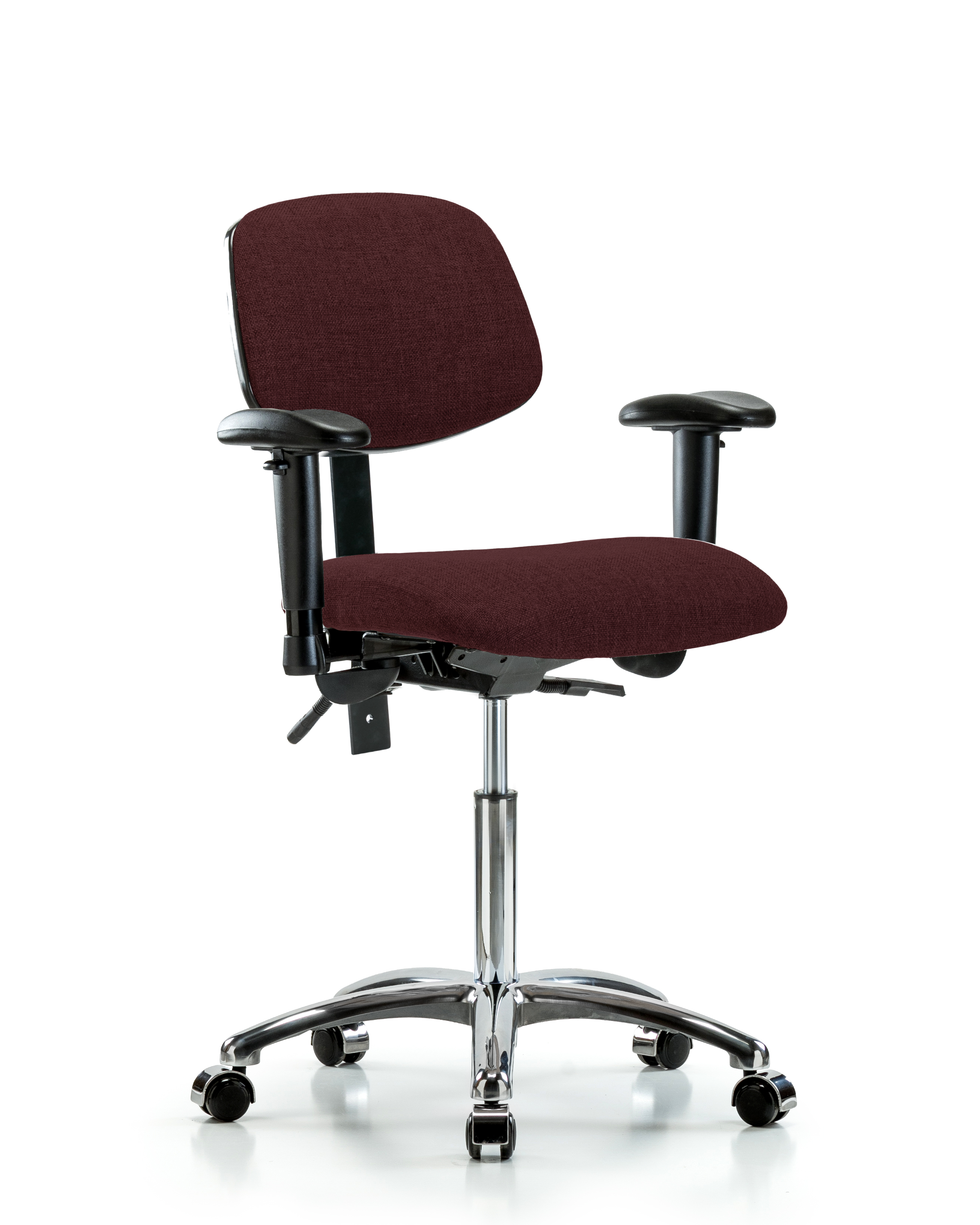 Rutledge Fabric Chair Chrome - Medium Bench Height with Seat Tilt, Adjustable Arms, & Casters in Burgundy Fabric