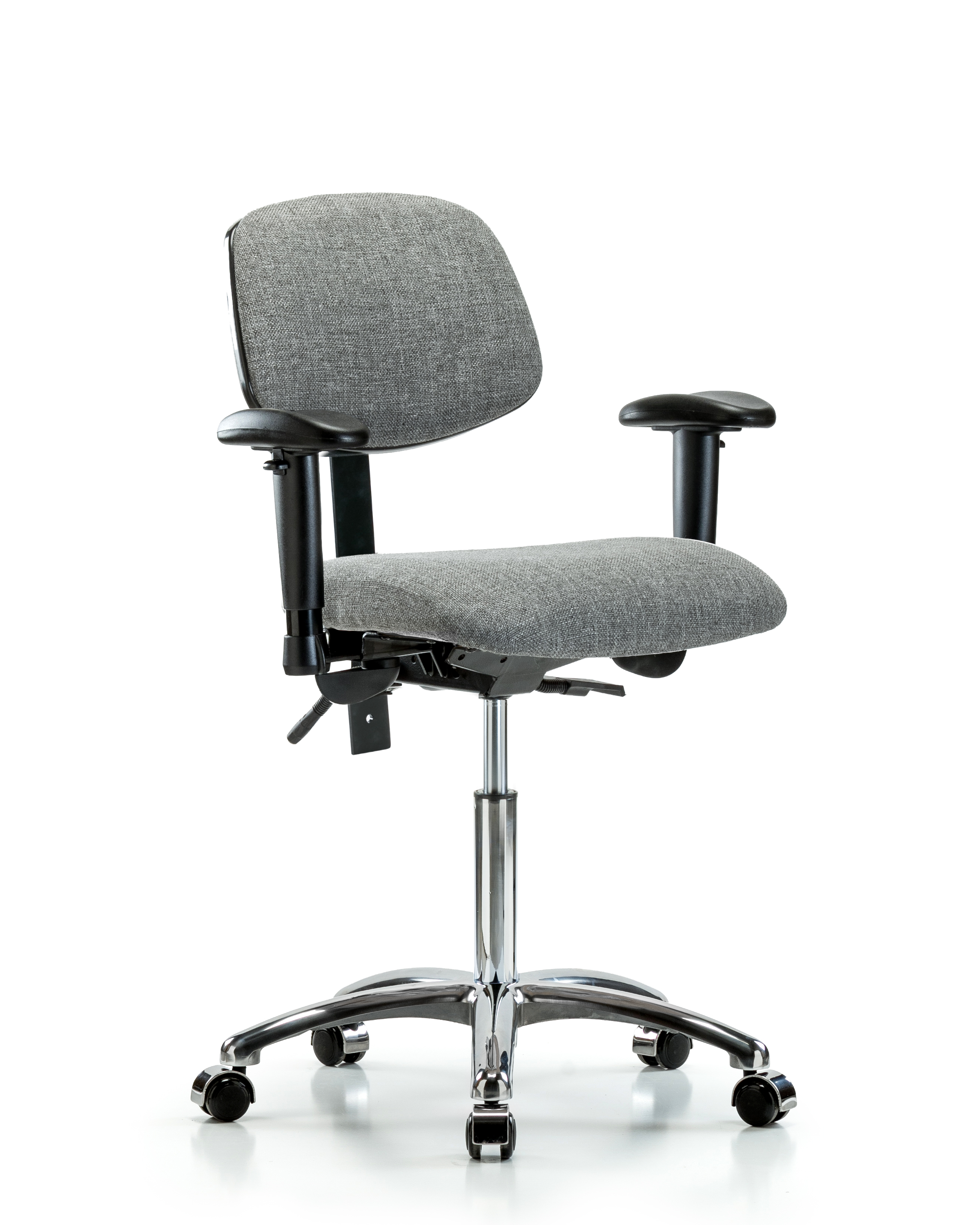 Rutledge Fabric Chair Chrome - Medium Bench Height with Seat Tilt, Adjustable Arms, & Casters in Gray Fabric