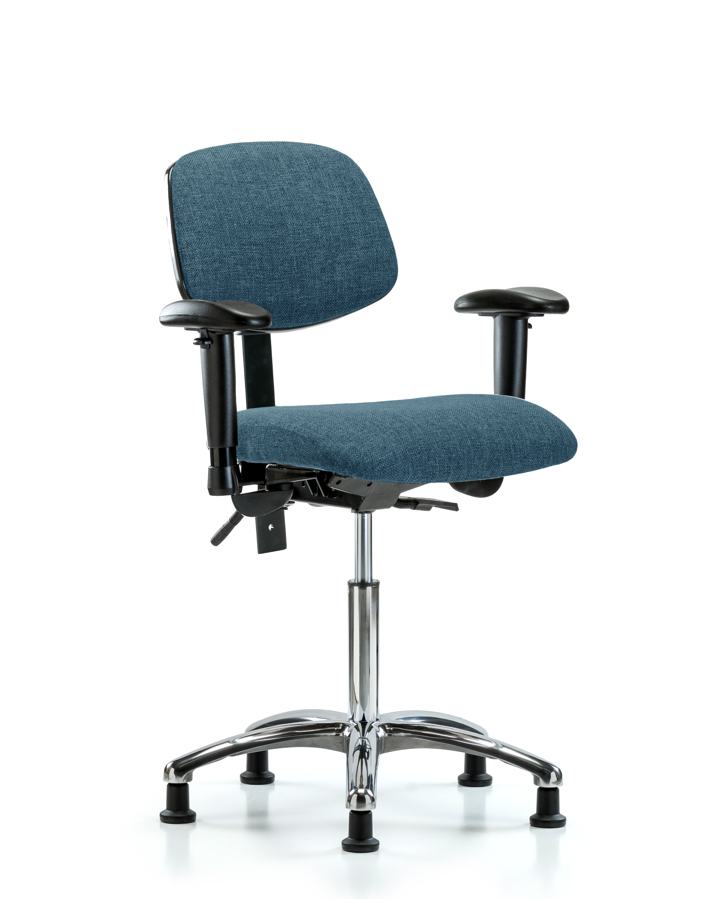 Rutledge Fabric Chair Chrome - Medium Bench Height with Seat Tilt, Adjustable Arms, & Stationary Glides in Blue Fabric