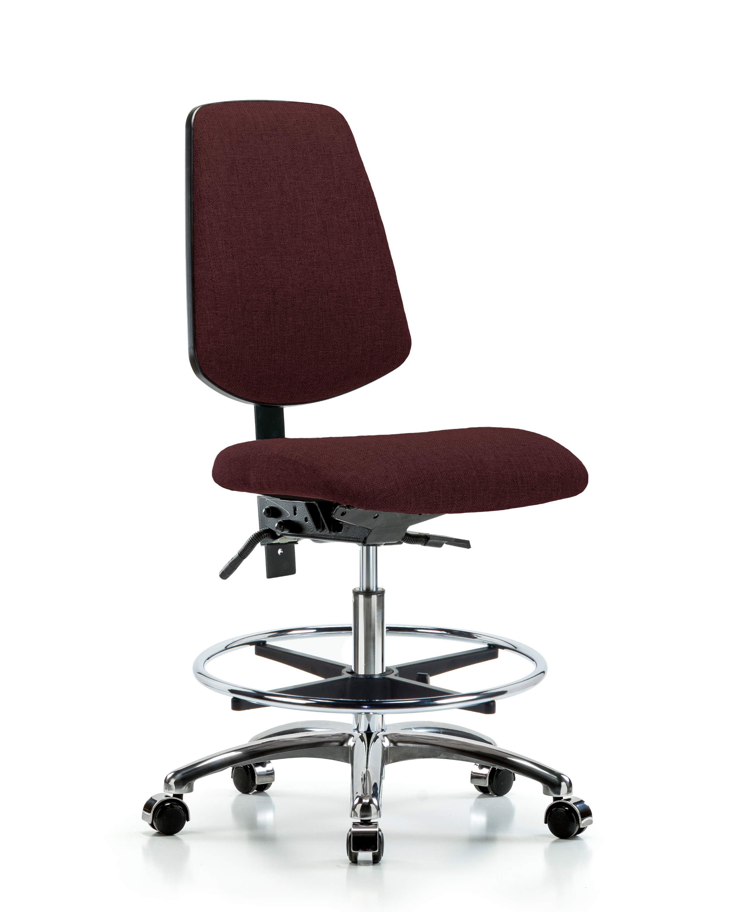 Rutledge Fabric Chair Chrome - Medium Bench Height with Medium Back, Chrome Foot Ring, & Casters in Burgundy Fabric