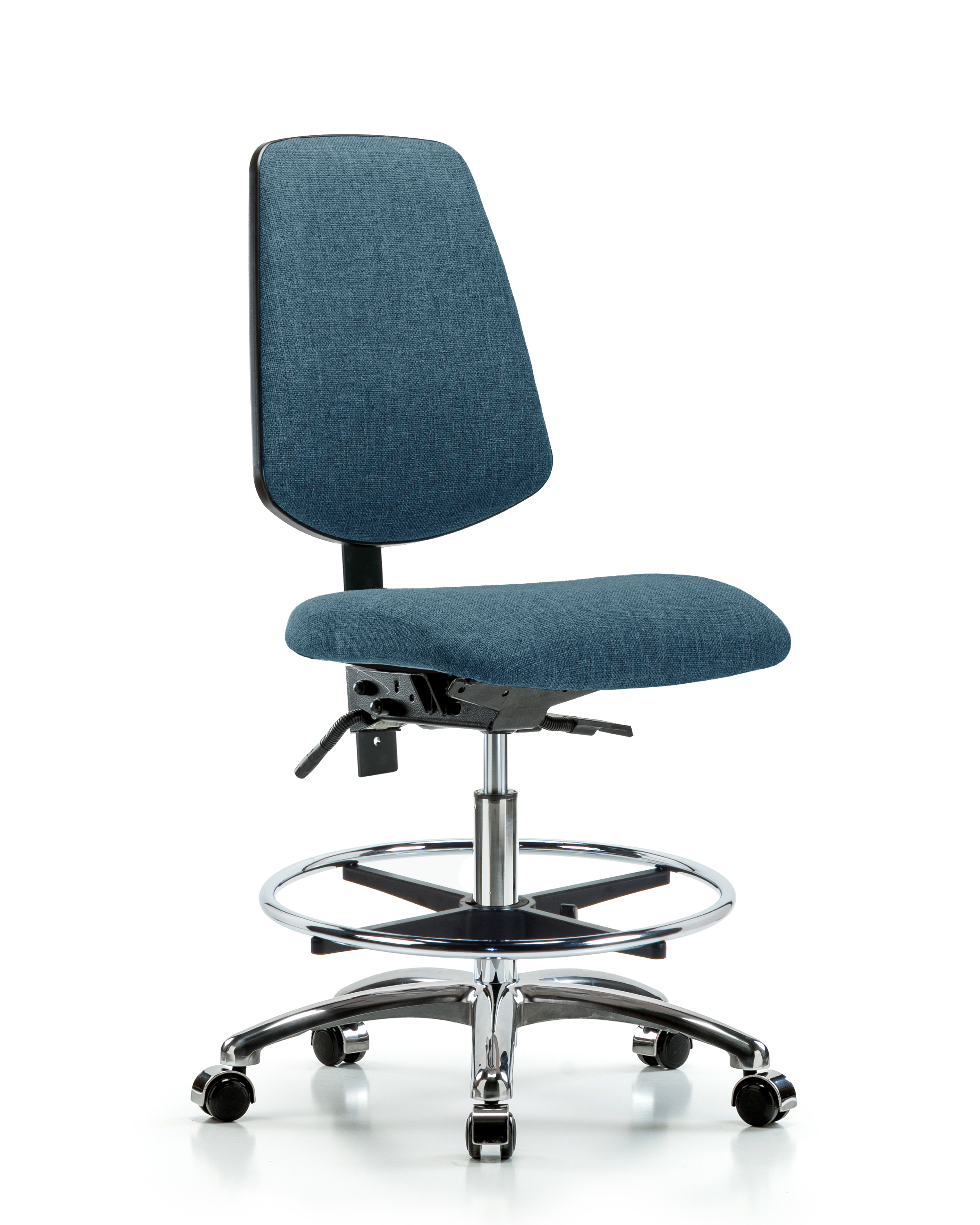 Rutledge Fabric Chair Chrome - Medium Bench Height with Medium Back, Chrome Foot Ring, & Casters in Blue Fabric