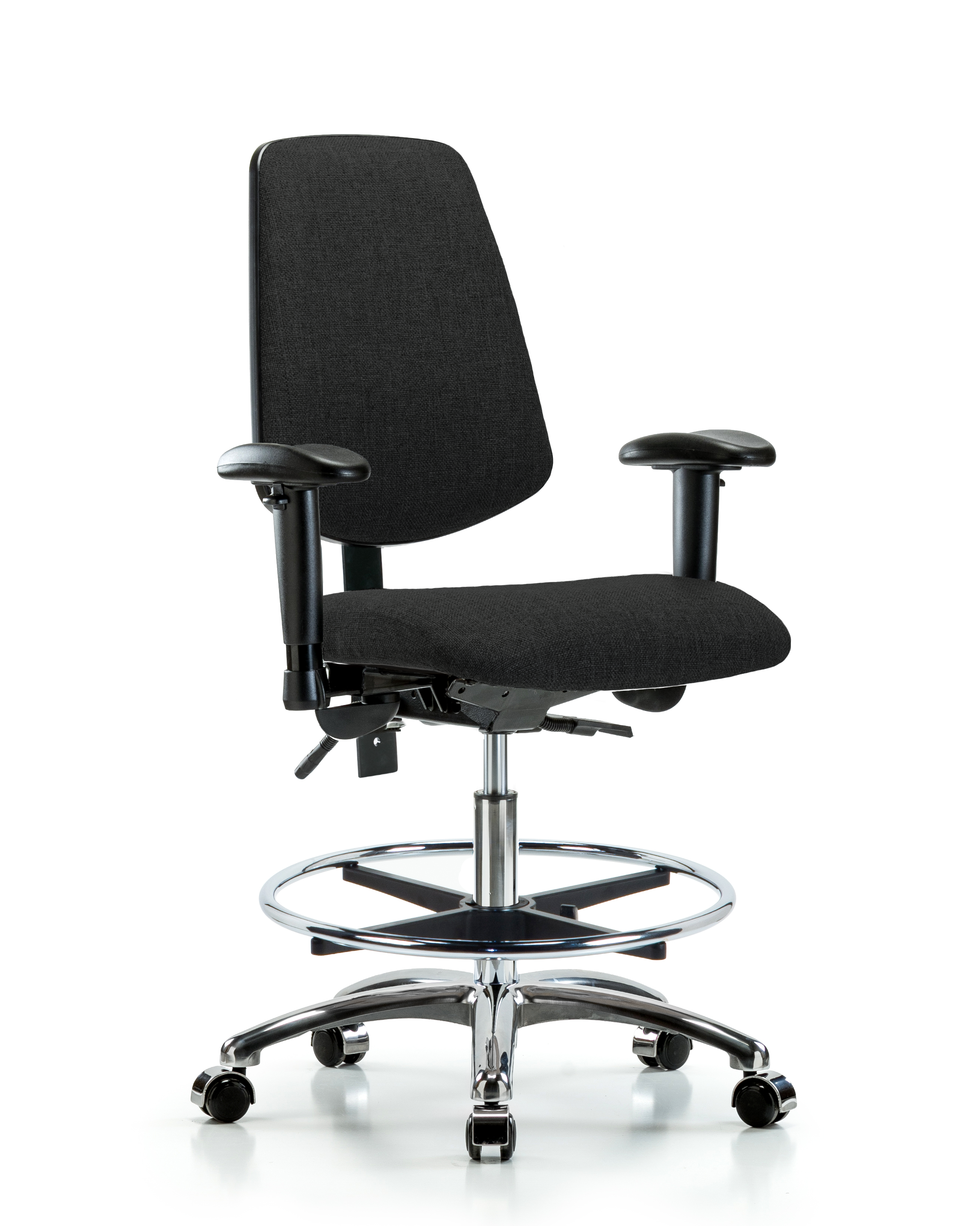 Rutledge Fabric Chair Chrome - Medium Bench Height with Medium Back, Adjustable Arms, Chrome Foot Ring, & Casters in Black Fabric