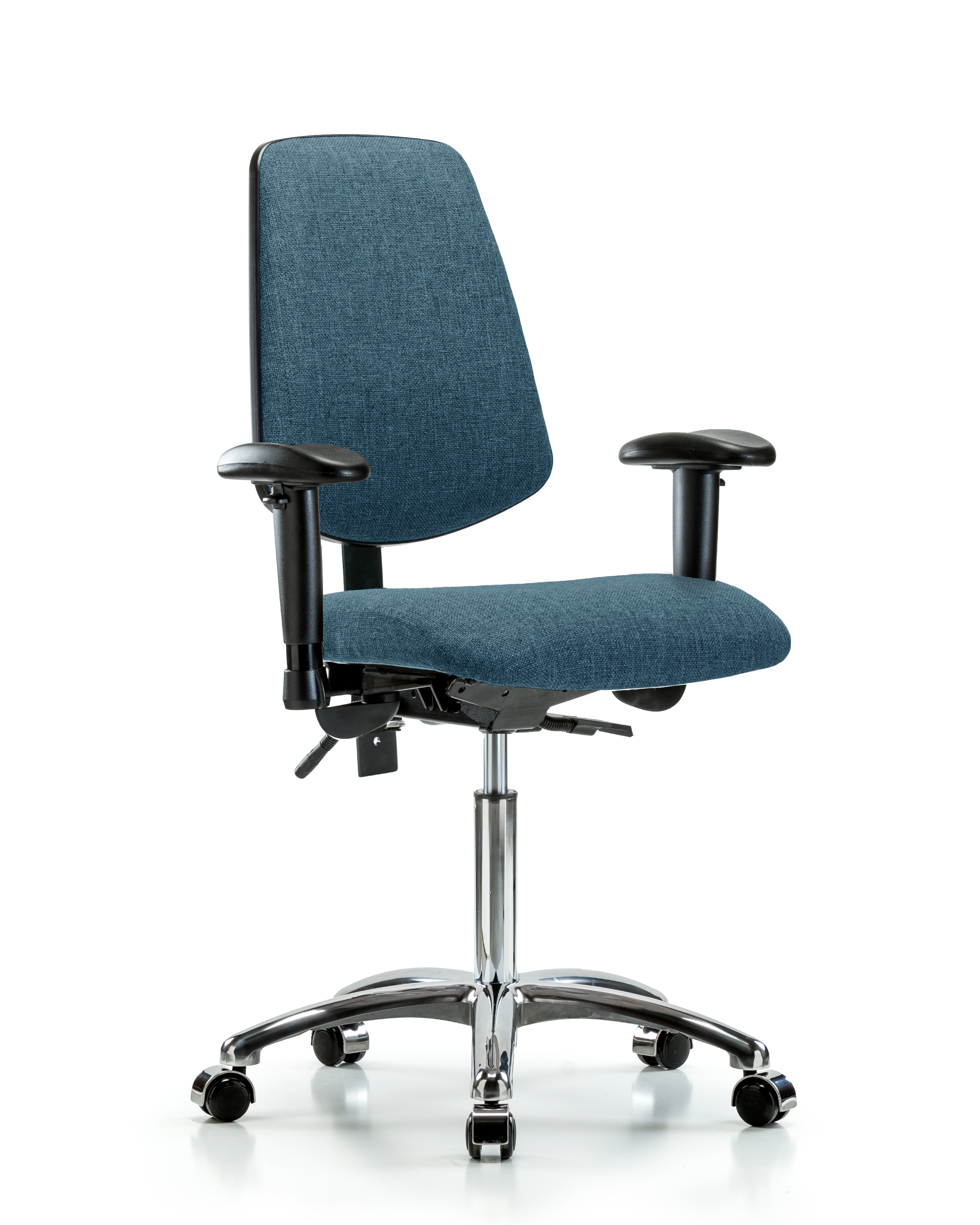 Rutledge Fabric Chair Chrome - Medium Bench Height with Medium Back, Adjustable Arms, & Casters in Blue Fabric