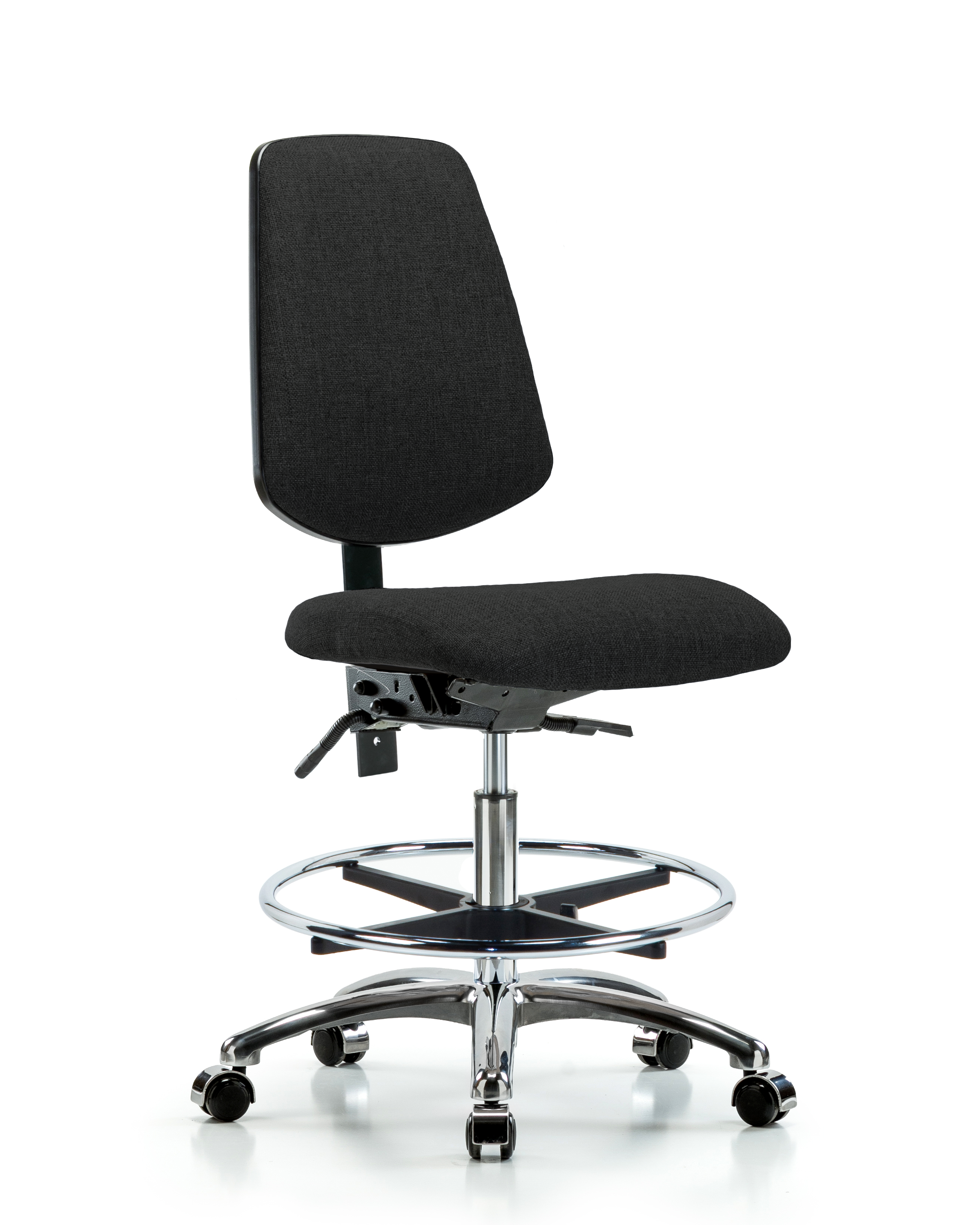 Rutledge Fabric Chair Chrome - Medium Bench Height with Medium Back, Seat Tilt, Chrome Foot Ring, & Casters in Black Fabric