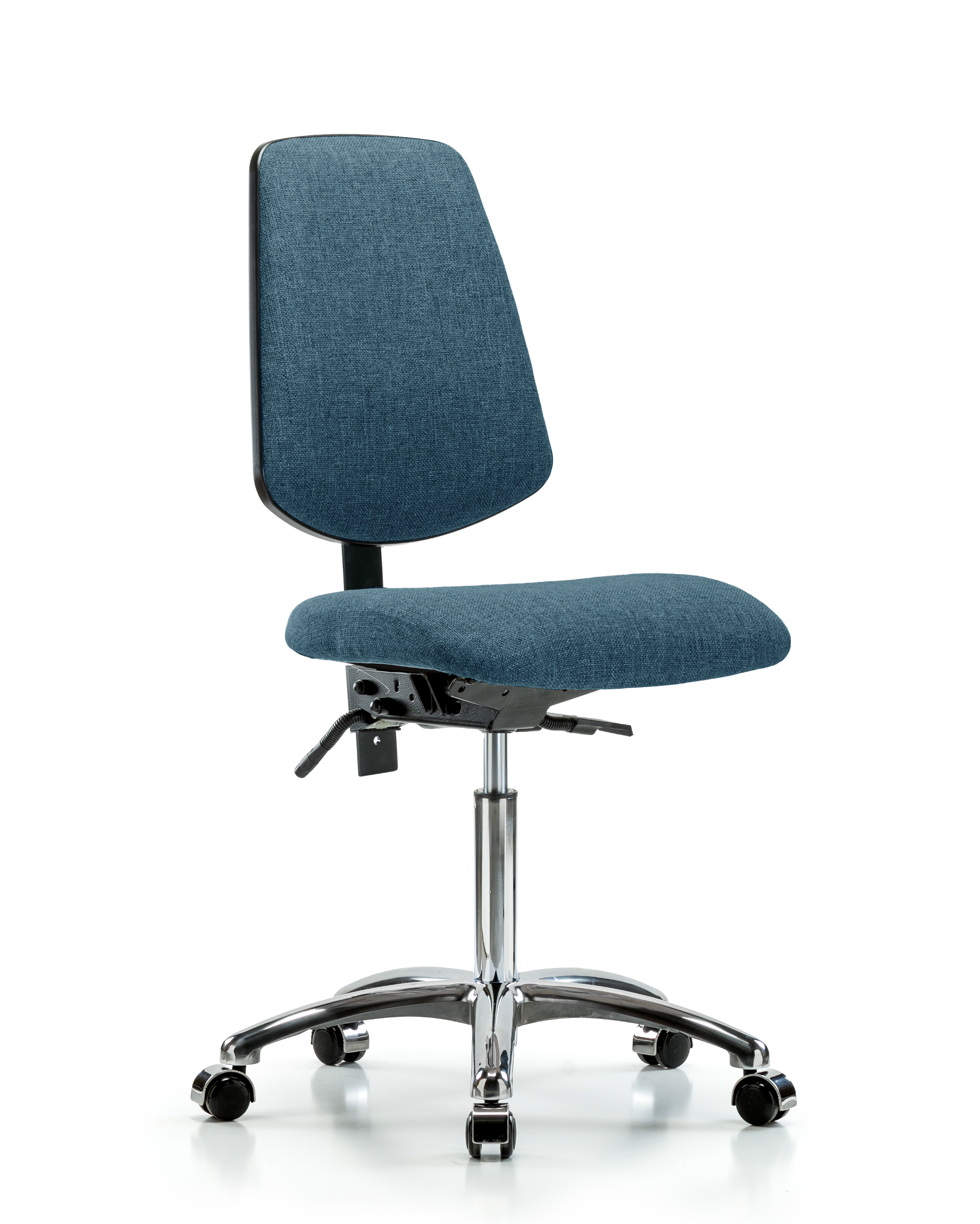 Rutledge Fabric Chair Chrome - Medium Bench Height with Medium Back, Seat Tilt, & Casters in Blue Fabric