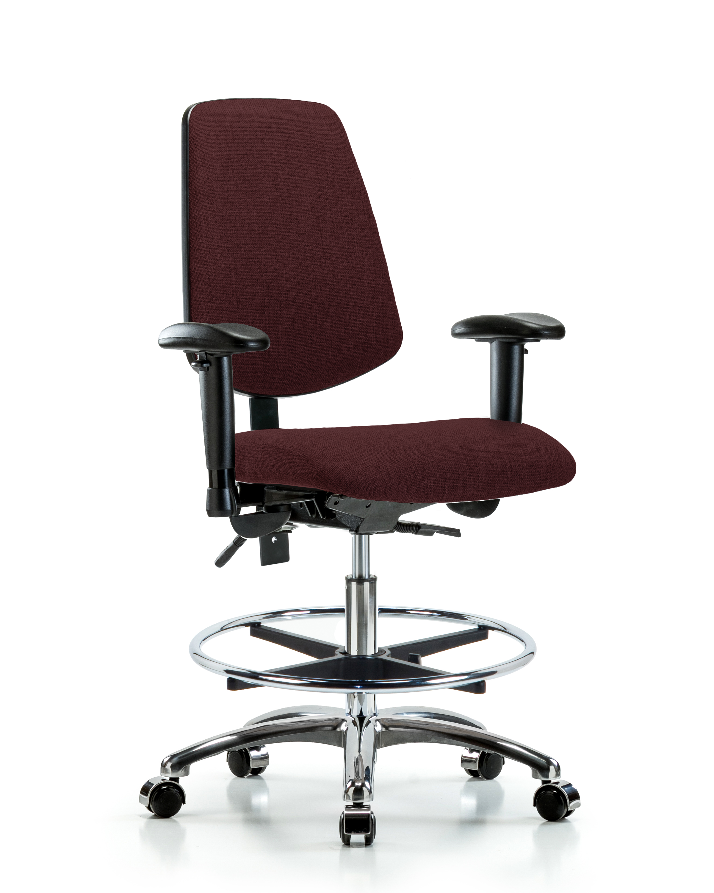 Rutledge Fabric Chair Chrome - Medium Bench Height with Medium Back, Seat Tilt, Adjustable Arms, Chrome Foot Ring, & Casters in Burgundy Fabric