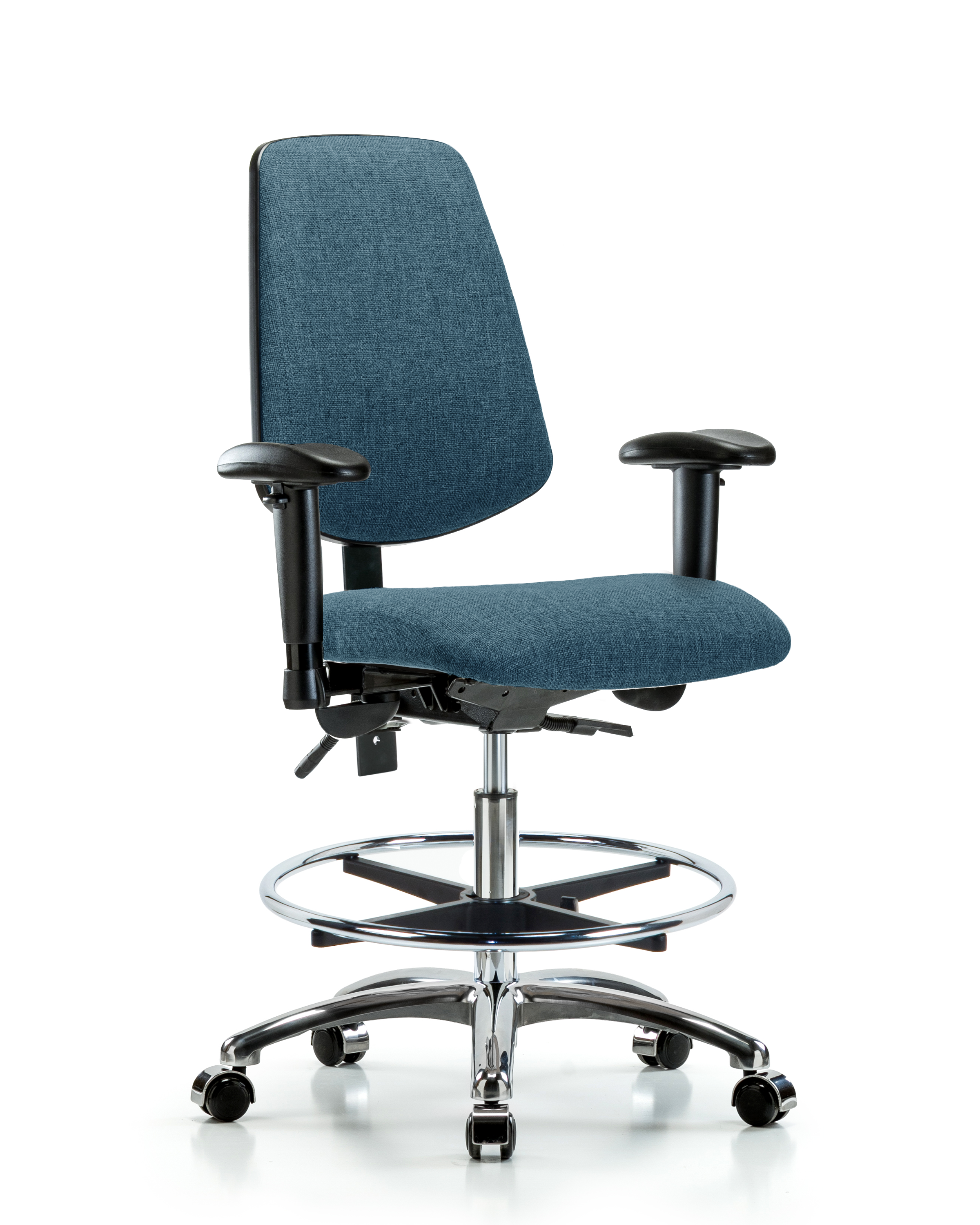 Rutledge Fabric Chair Chrome - Medium Bench Height with Medium Back, Seat Tilt, Adjustable Arms, Chrome Foot Ring, & Casters in Blue Fabric