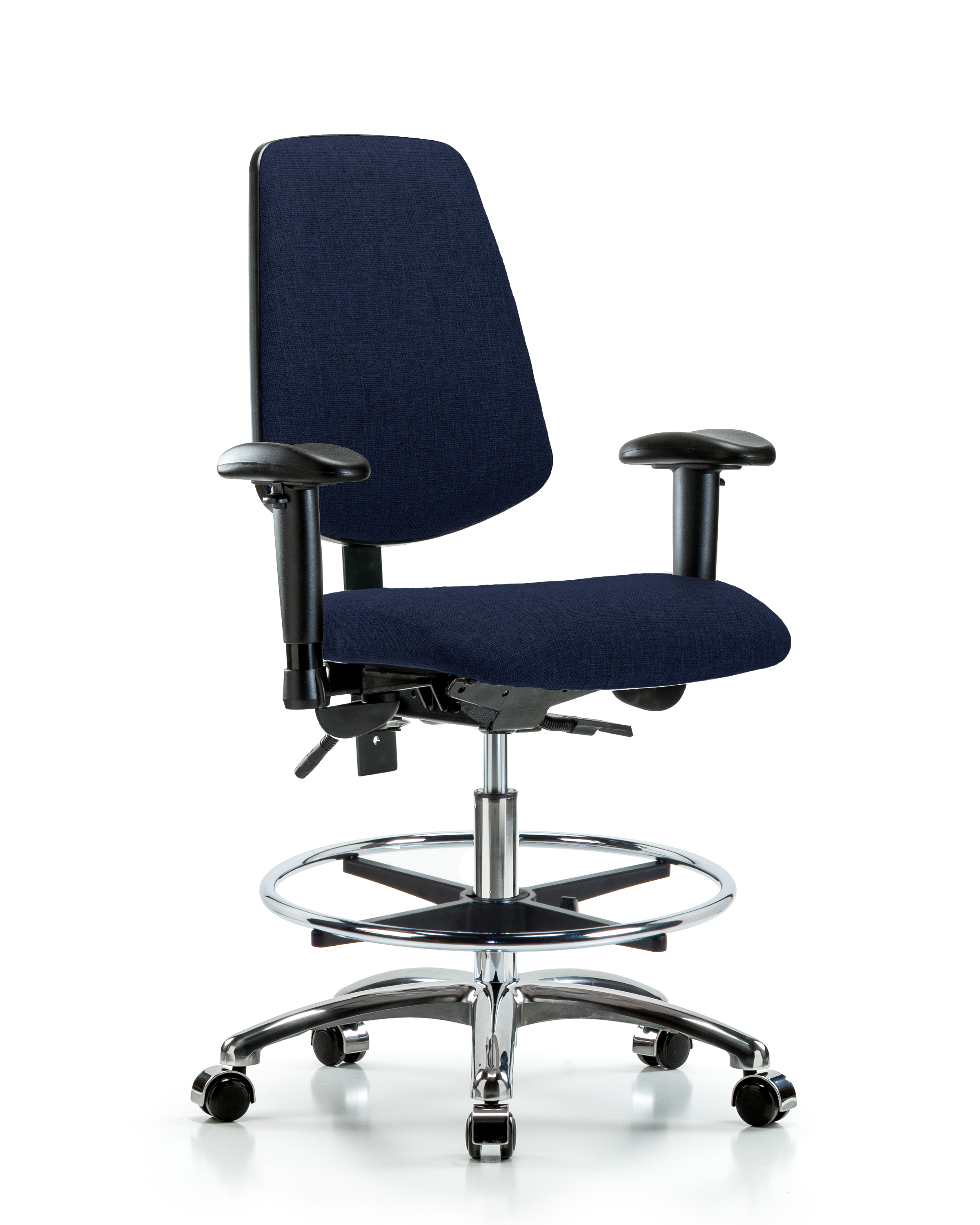 Rutledge Fabric Chair Chrome - Medium Bench Height with Medium Back, Seat Tilt, Adjustable Arms, Chrome Foot Ring, & Casters in Navy Fabric