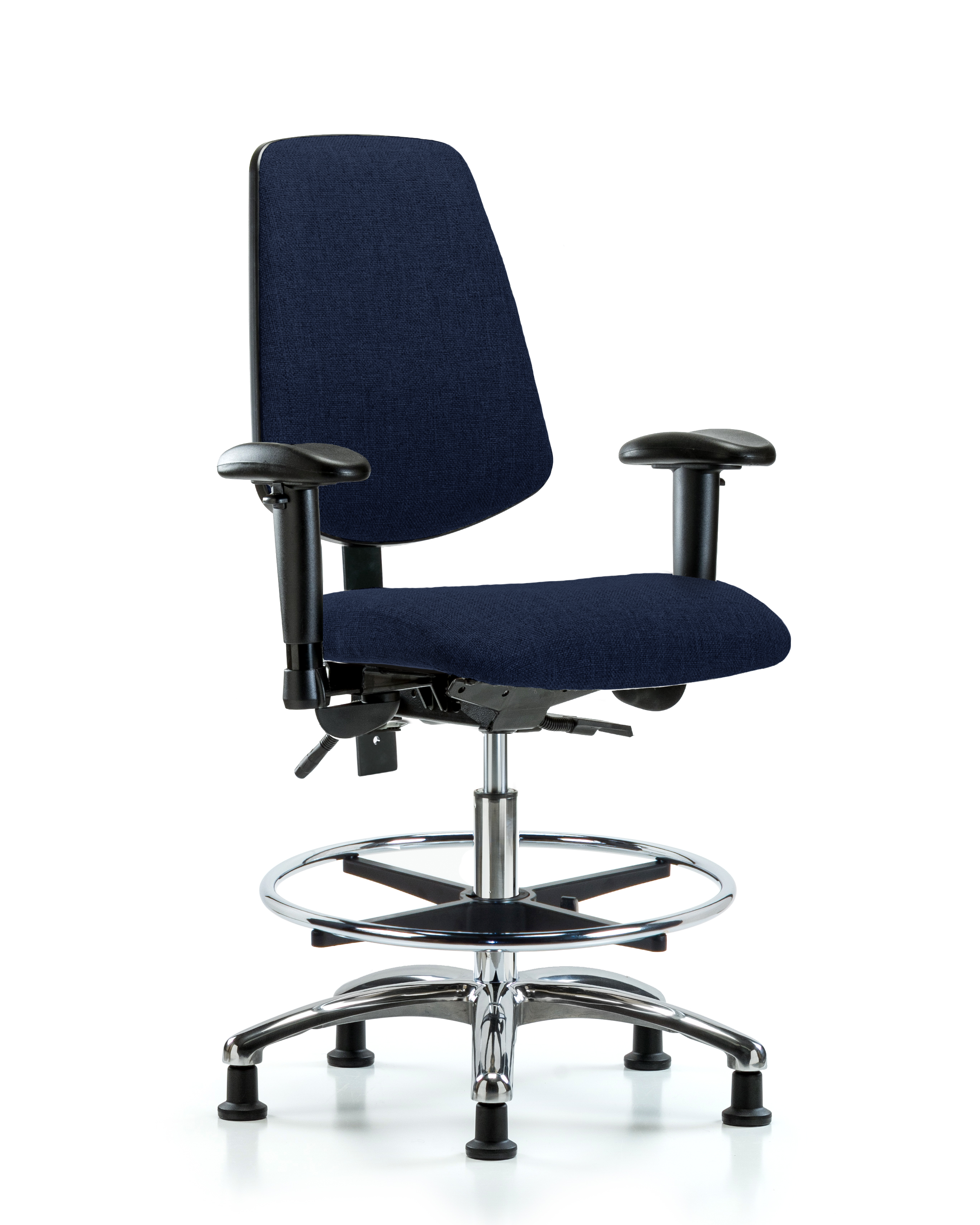 Rutledge Fabric Chair Chrome - Medium Bench Height with Medium Back, Seat Tilt, Adjustable Arms, Chrome Foot Ring, & Stationary Glides in Navy Fabric