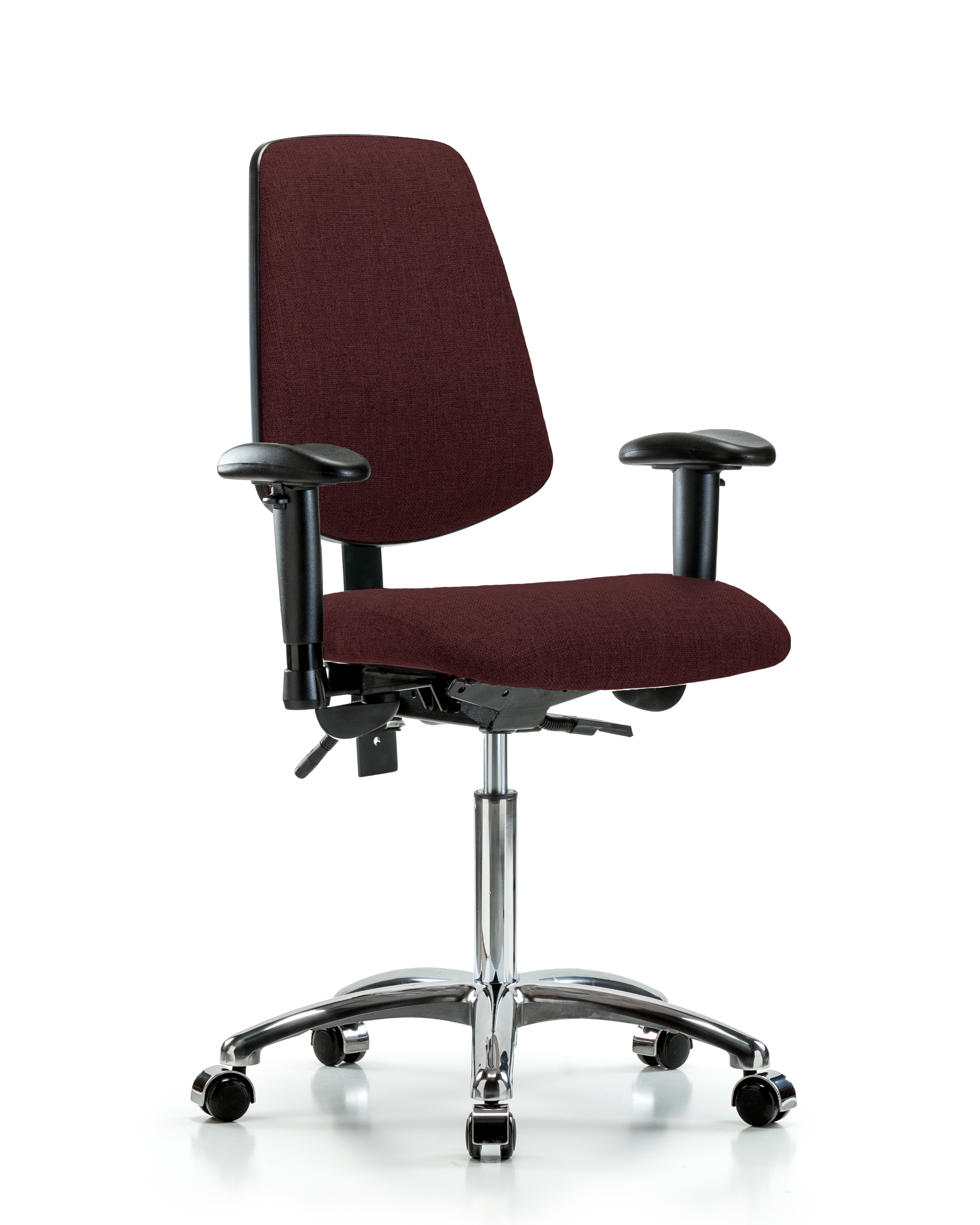 Rutledge Fabric Chair Chrome - Medium Bench Height with Medium Back, Seat Tilt, Adjustable Arms, & Casters in Burgundy Fabric