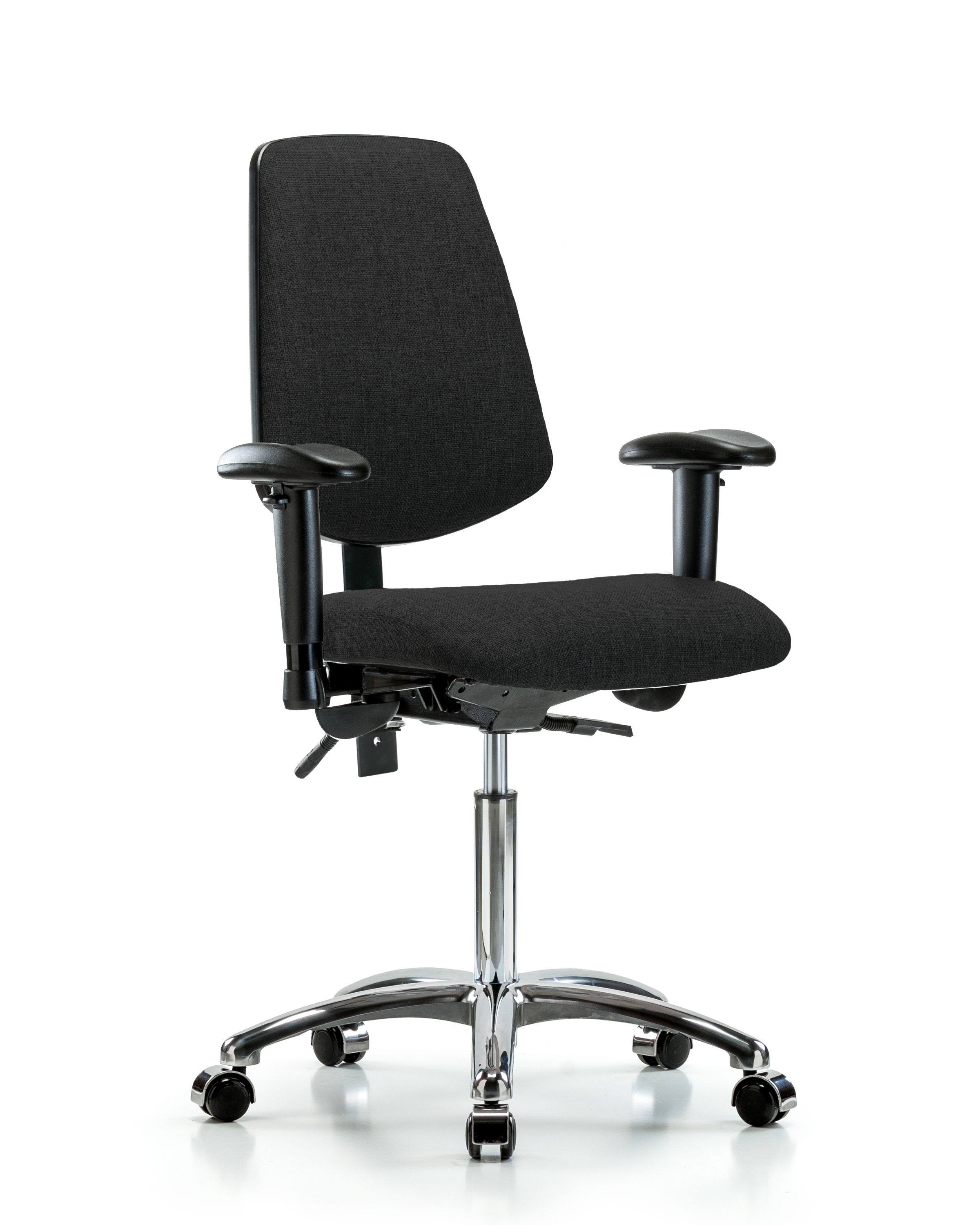 Rutledge Fabric Chair Chrome - Medium Bench Height with Medium Back, Seat Tilt, Adjustable Arms, & Casters in Black Fabric