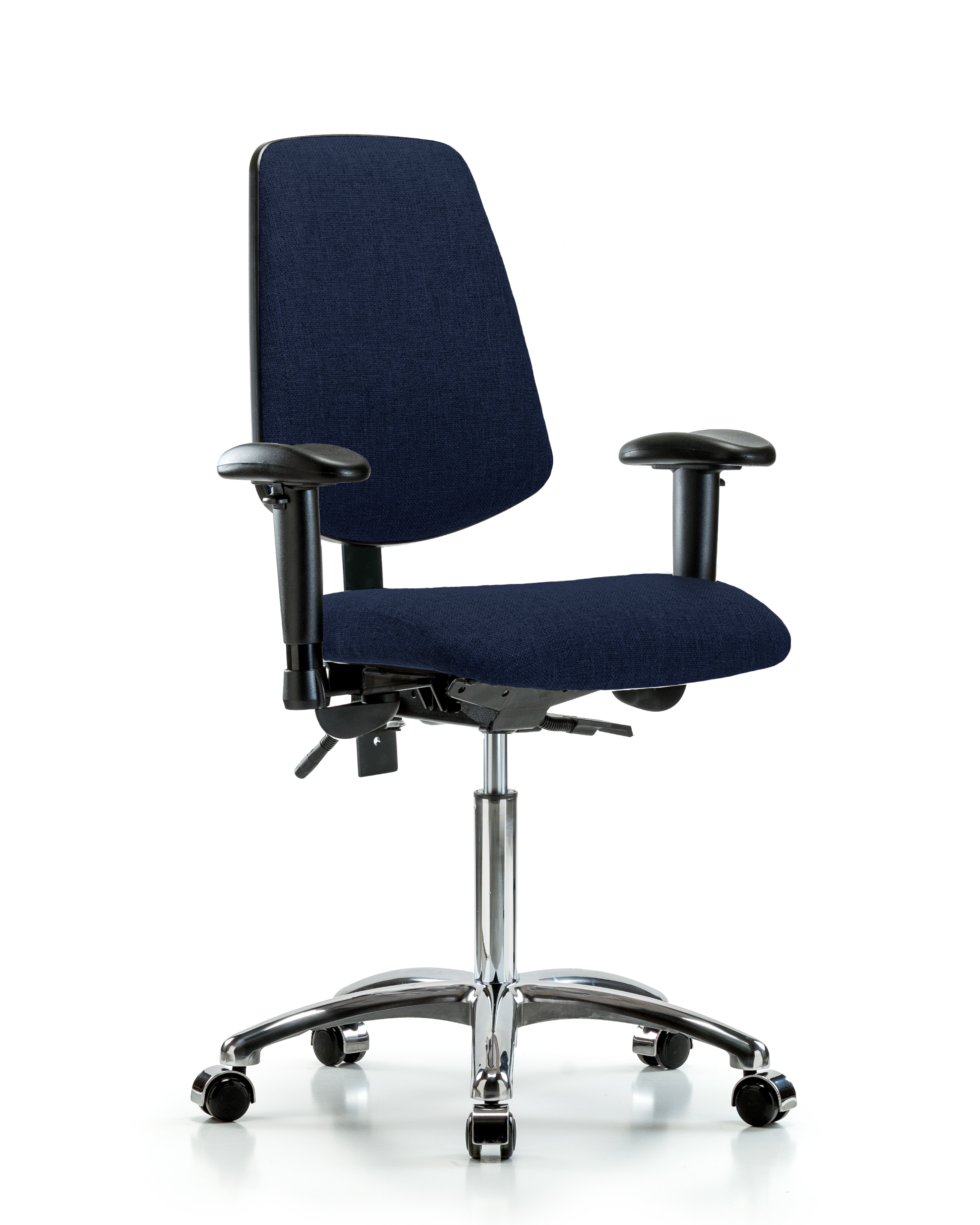 Rutledge Fabric Chair Chrome - Medium Bench Height with Medium Back, Seat Tilt, Adjustable Arms, & Casters in Navy Fabric
