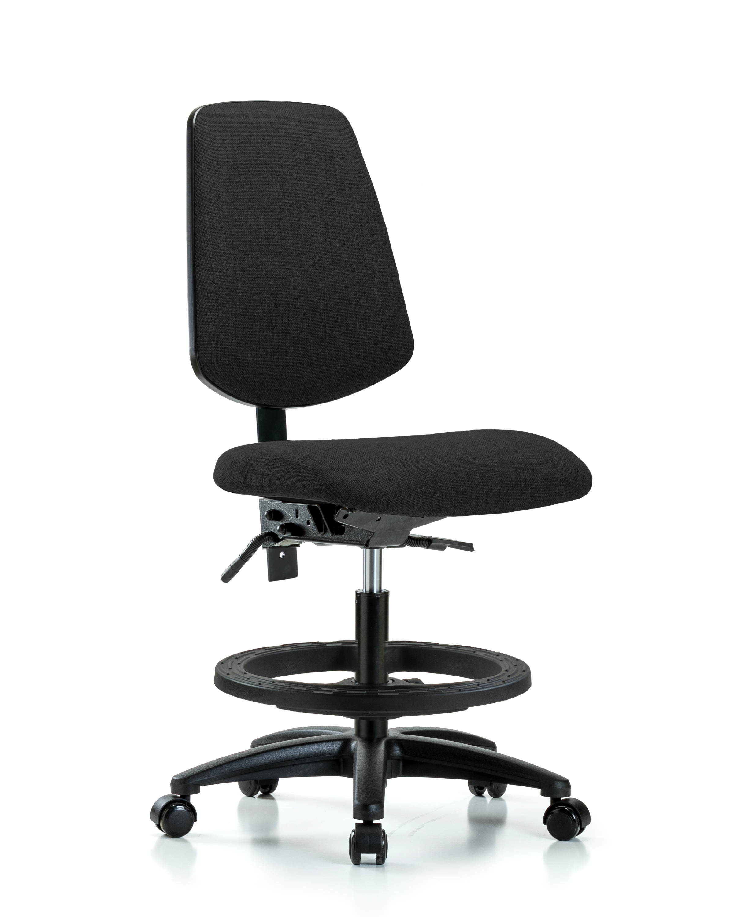 Rutledge Fabric Chair - Medium Bench Height with Medium Back, Black Foot Ring, & Casters in Black Fabric
