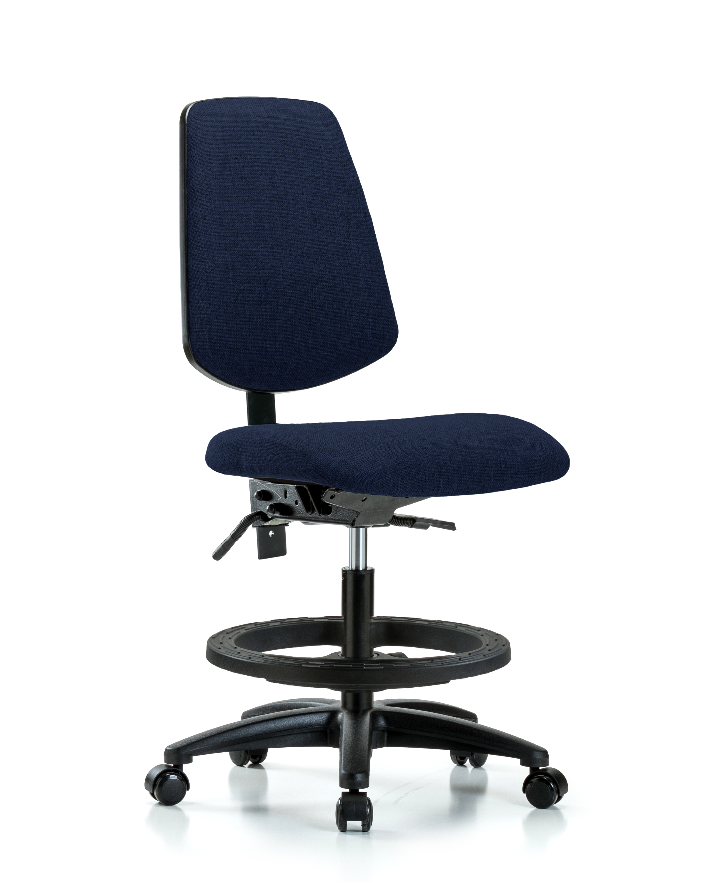Rutledge Fabric Chair - Medium Bench Height with Medium Back, Black Foot Ring, & Casters in Navy Fabric