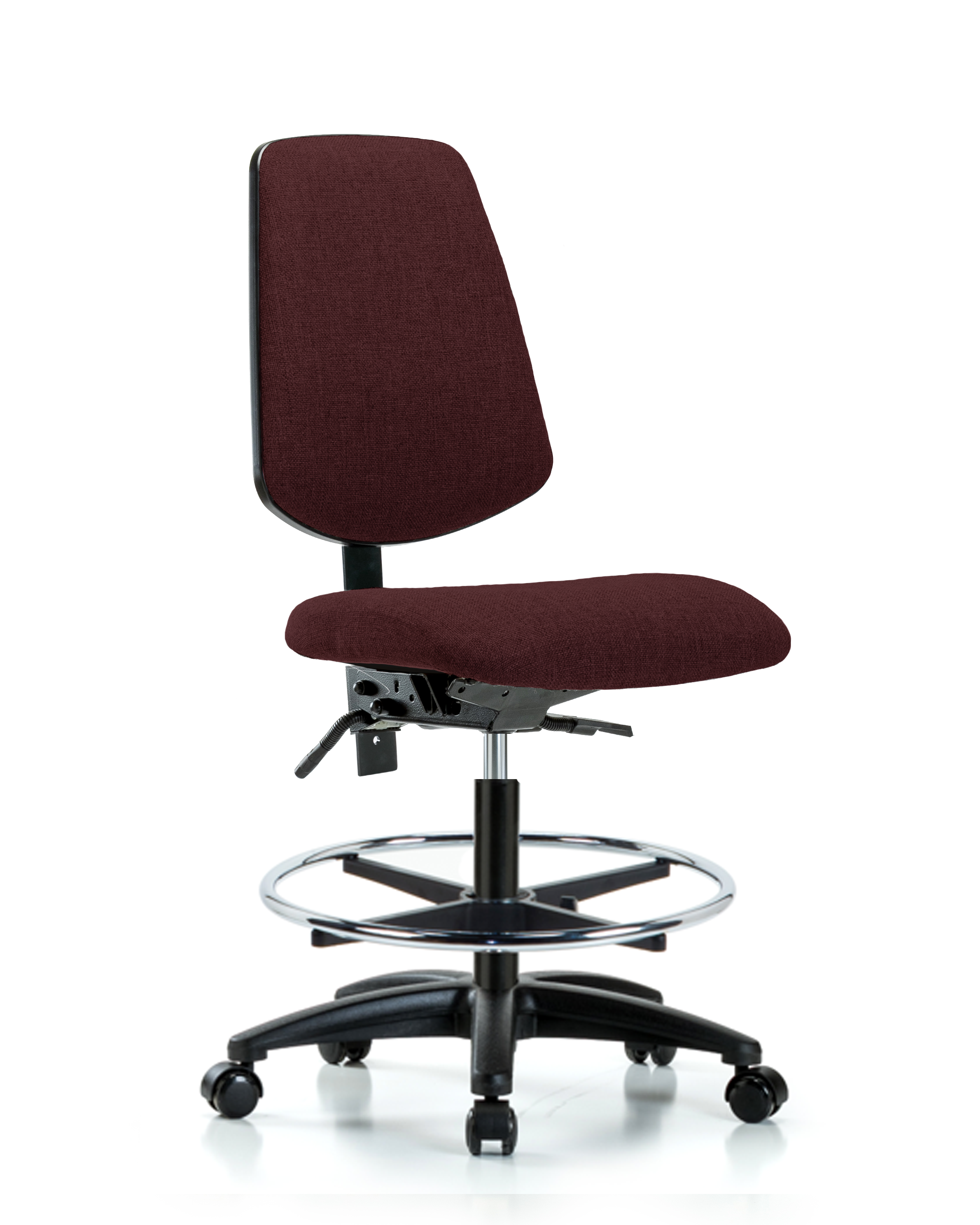 Rutledge Fabric Chair - Medium Bench Height with Medium Back, Chrome Foot Ring, & Casters in Burgundy Fabric