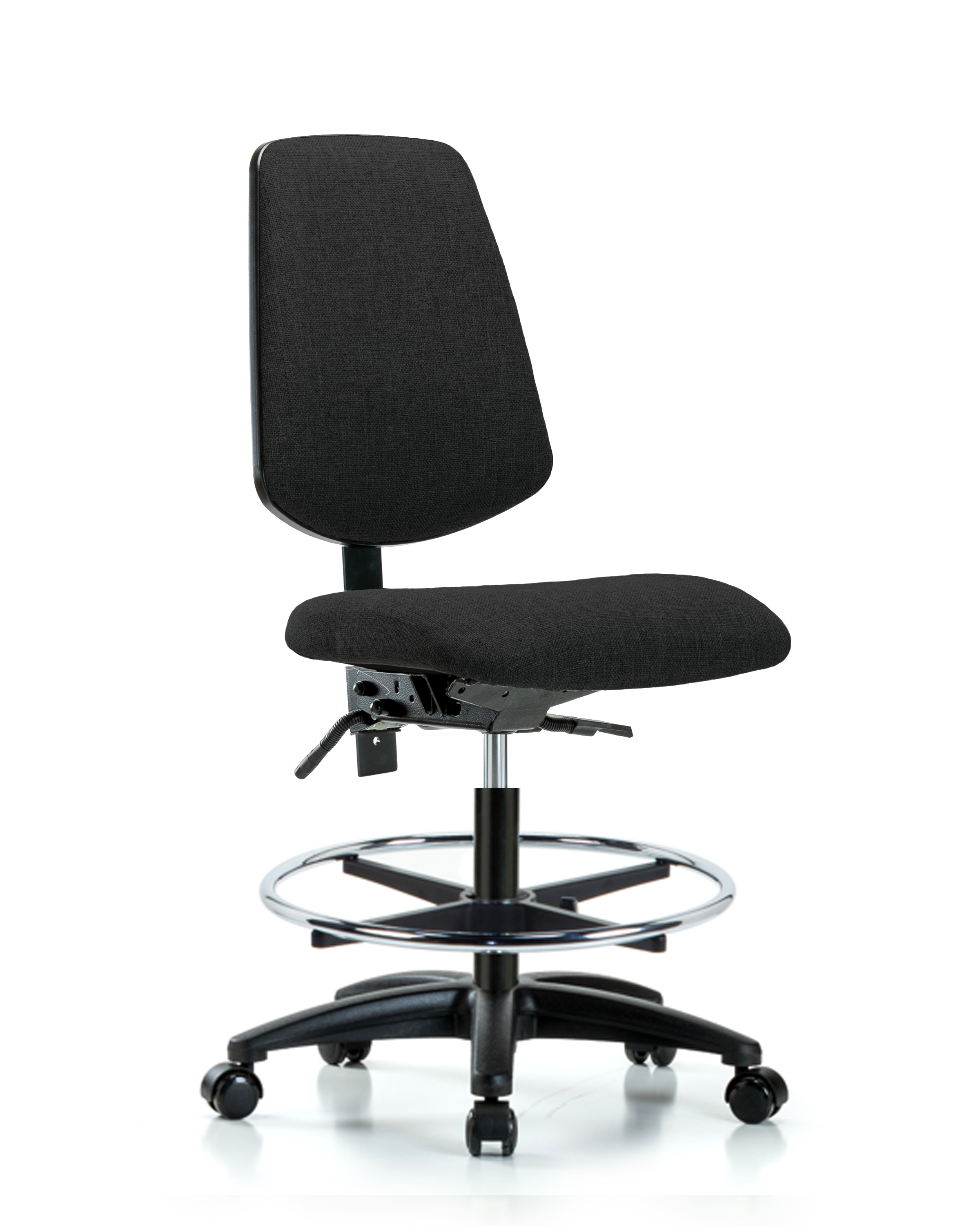 Rutledge Fabric Chair - Medium Bench Height with Medium Back, Chrome Foot Ring, & Casters in Black Fabric