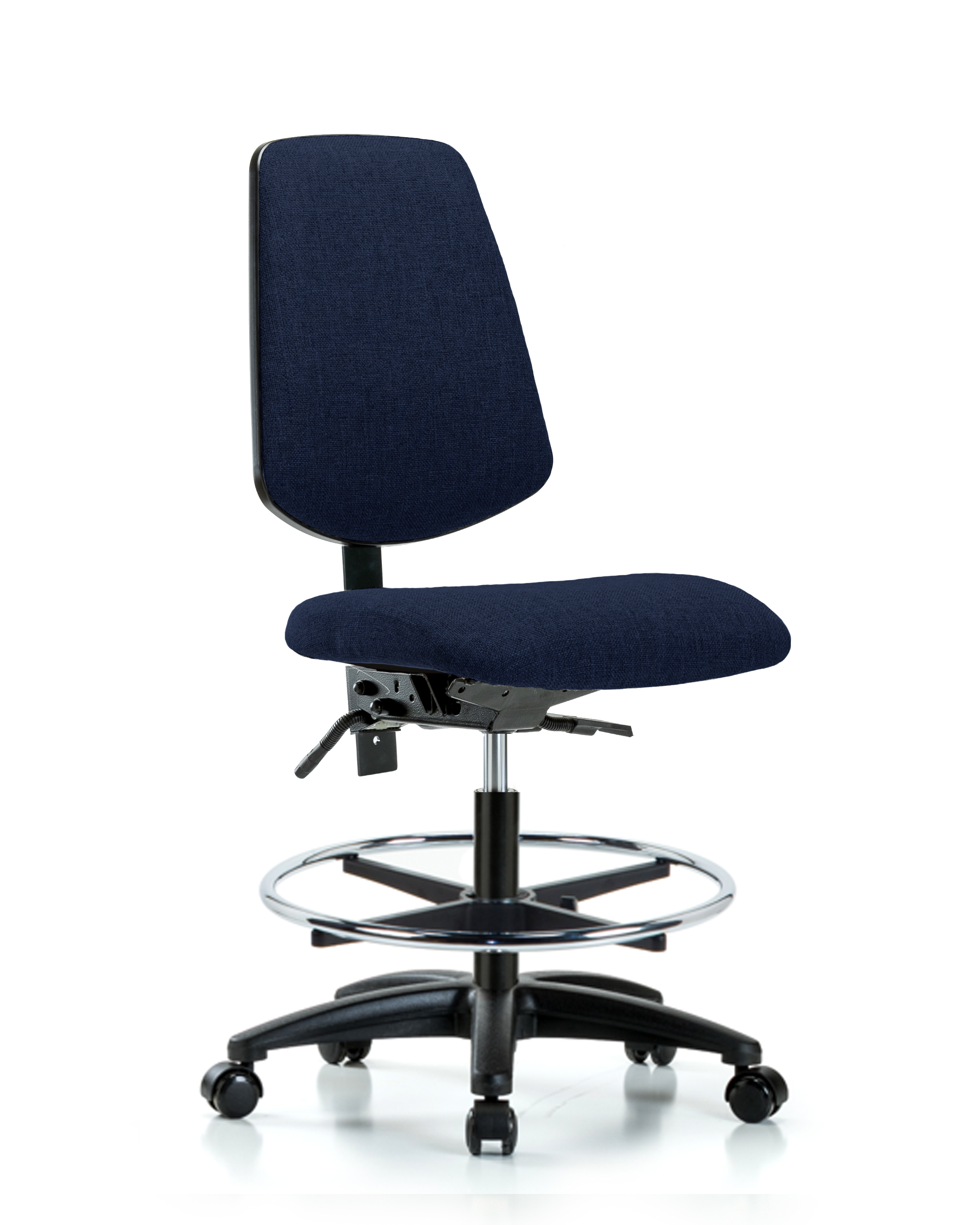 Rutledge Fabric Chair - Medium Bench Height with Medium Back, Chrome Foot Ring, & Casters in Navy Fabric