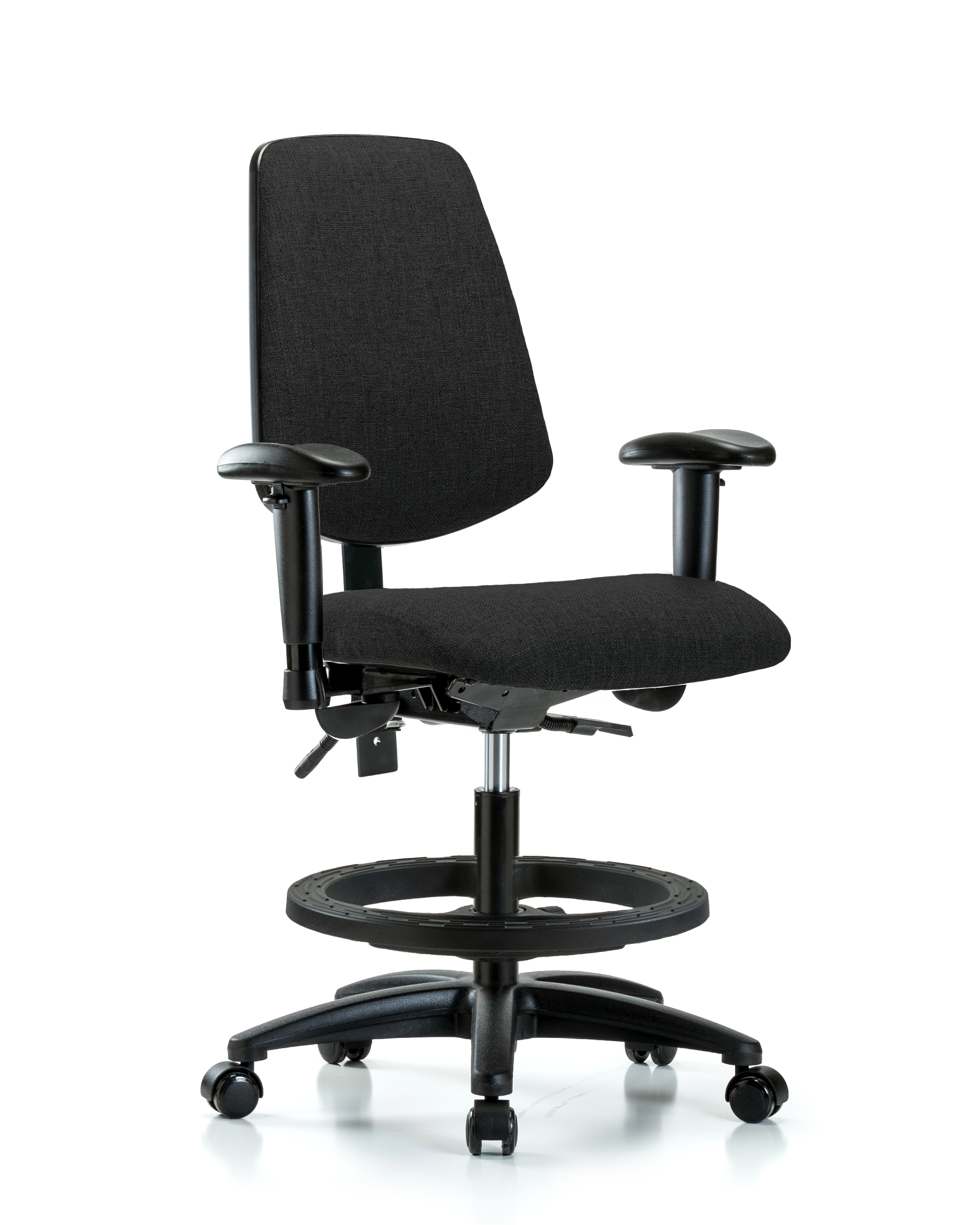 Rutledge Fabric Chair - Medium Bench Height with Medium Back, Adjustable Arms, Black Foot Ring, & Casters in Black Fabric