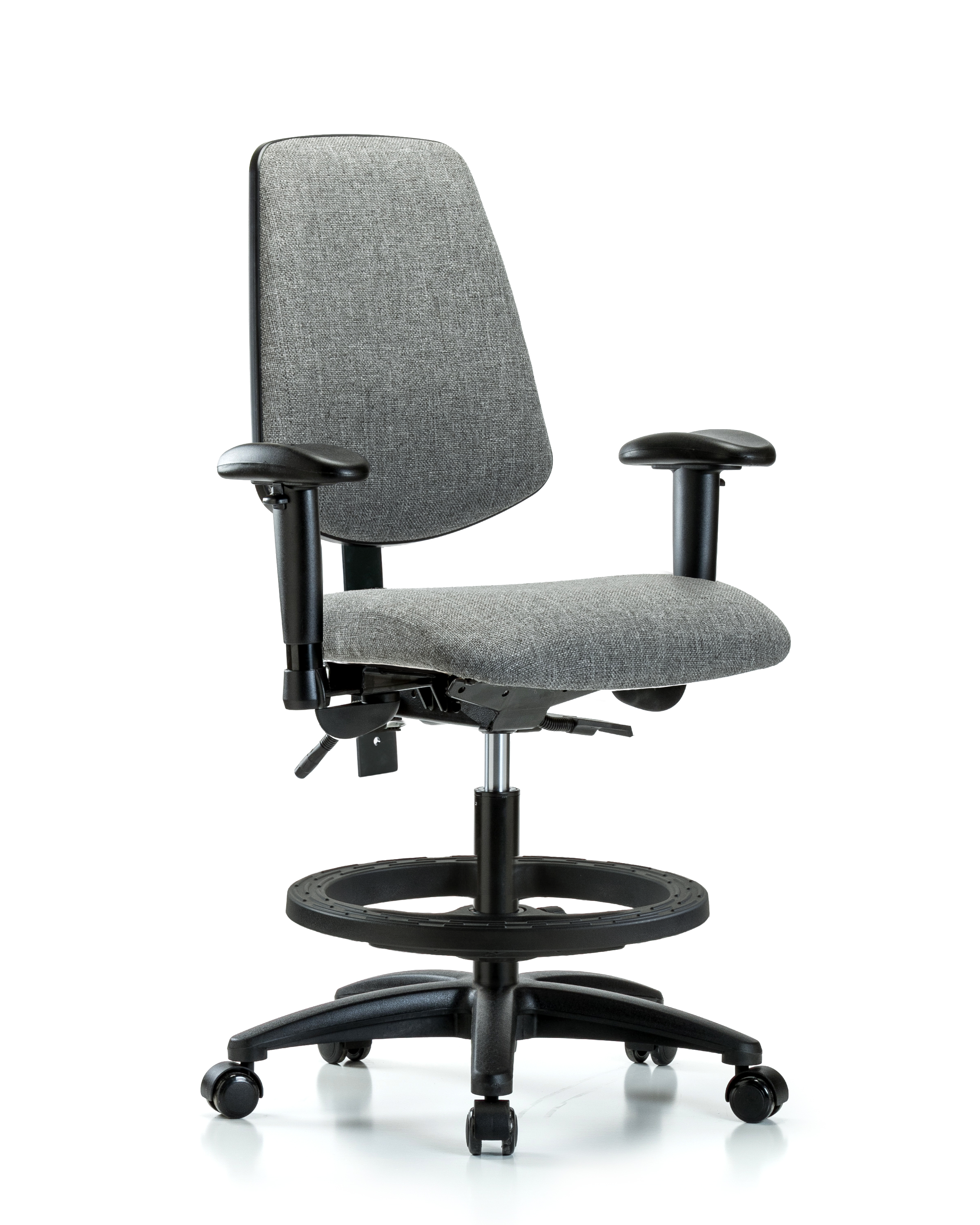 Rutledge Fabric Chair - Medium Bench Height with Medium Back, Adjustable Arms, Black Foot Ring, & Casters in Gray Fabric