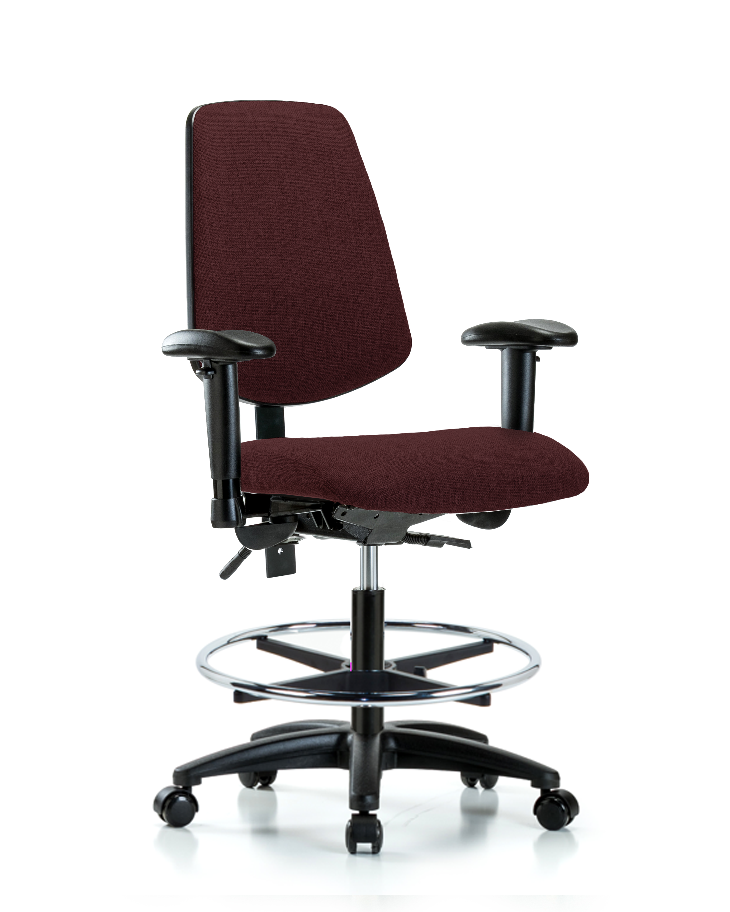 Rutledge Fabric Chair - Medium Bench Height with Medium Back, Adjustable Arms, Chrome Foot Ring, & Casters in Burgundy Fabric