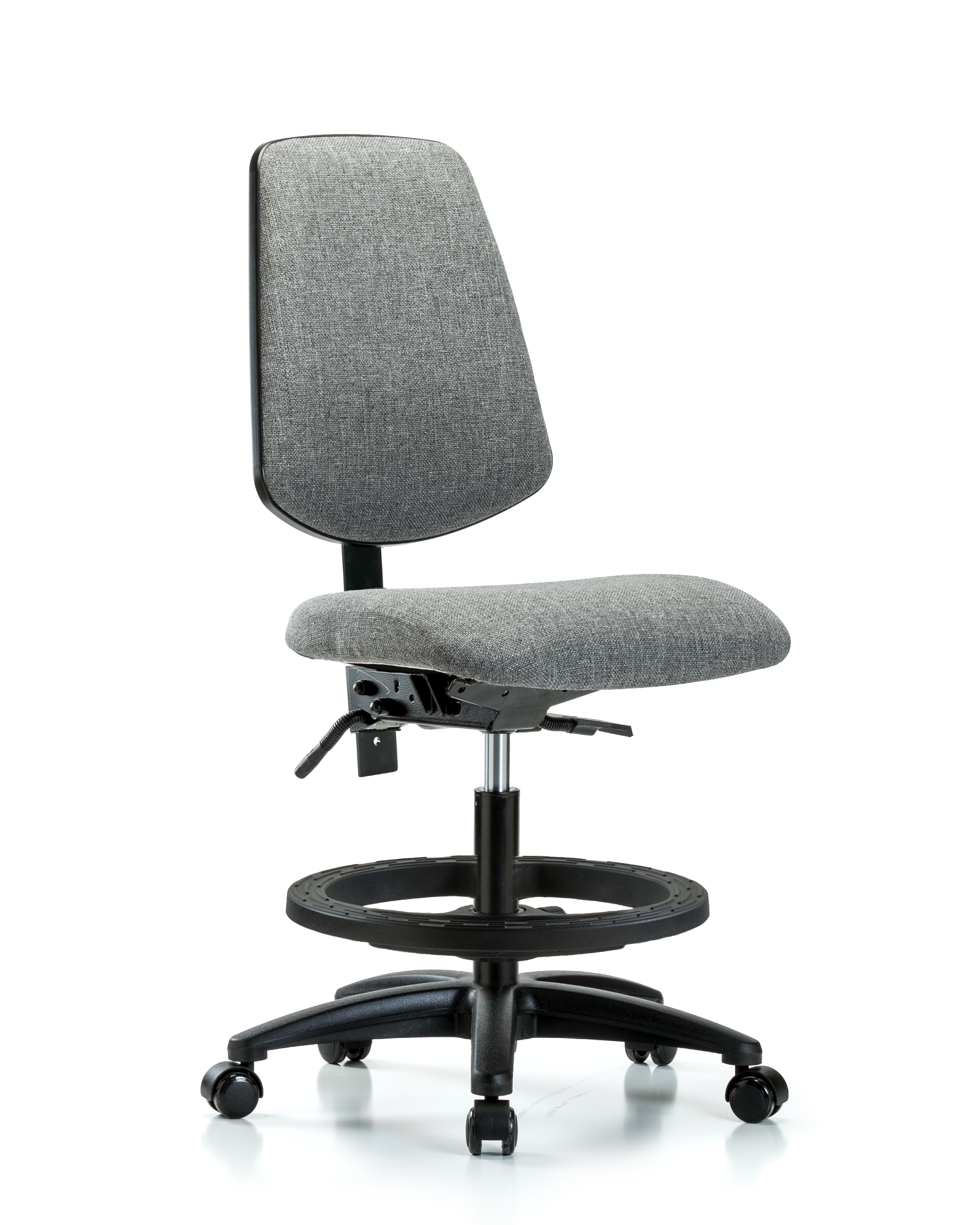 Rutledge Fabric Chair - Medium Bench Height with Medium Back, Seat Tilt, Black Foot Ring, & Casters in Gray Fabric