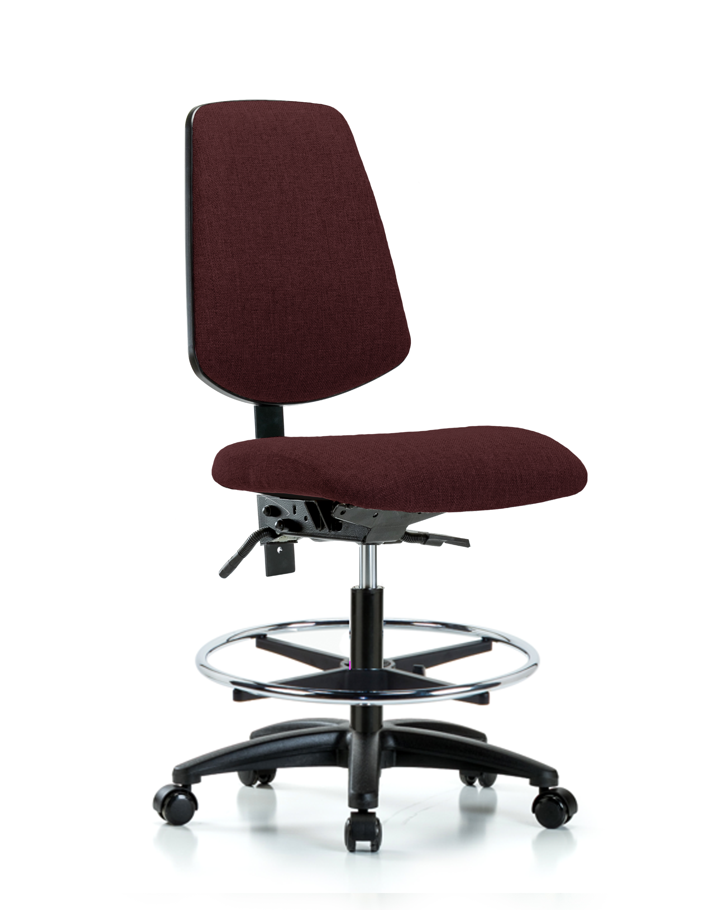 Rutledge Fabric Chair - Medium Bench Height with Medium Back, Seat Tilt, Chrome Foot Ring, & Casters in Burgundy Fabric