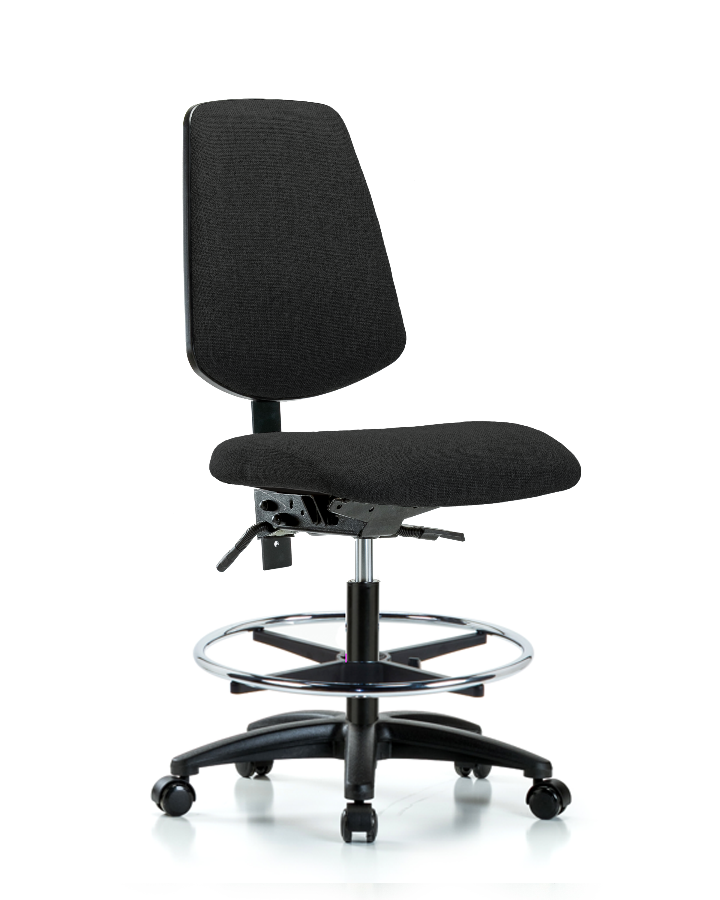 Rutledge Fabric Chair - Medium Bench Height with Medium Back, Seat Tilt, Chrome Foot Ring, & Casters in Black Fabric