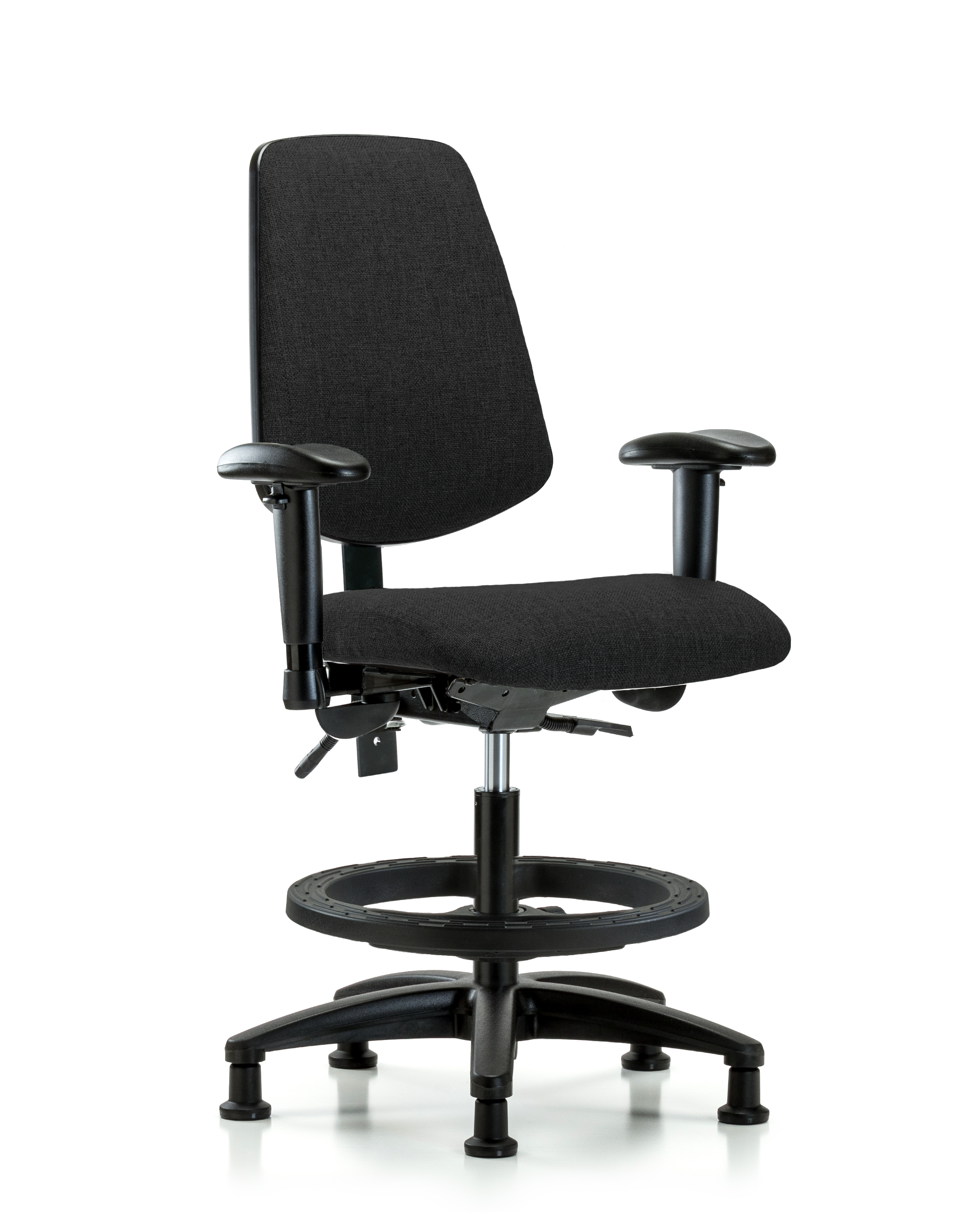 Rutledge Fabric Chair - Medium Bench Height with Medium Back, Seat Tilt, Adjustable Arms, Black Foot Ring, & Stationary Glides in Black Fabric