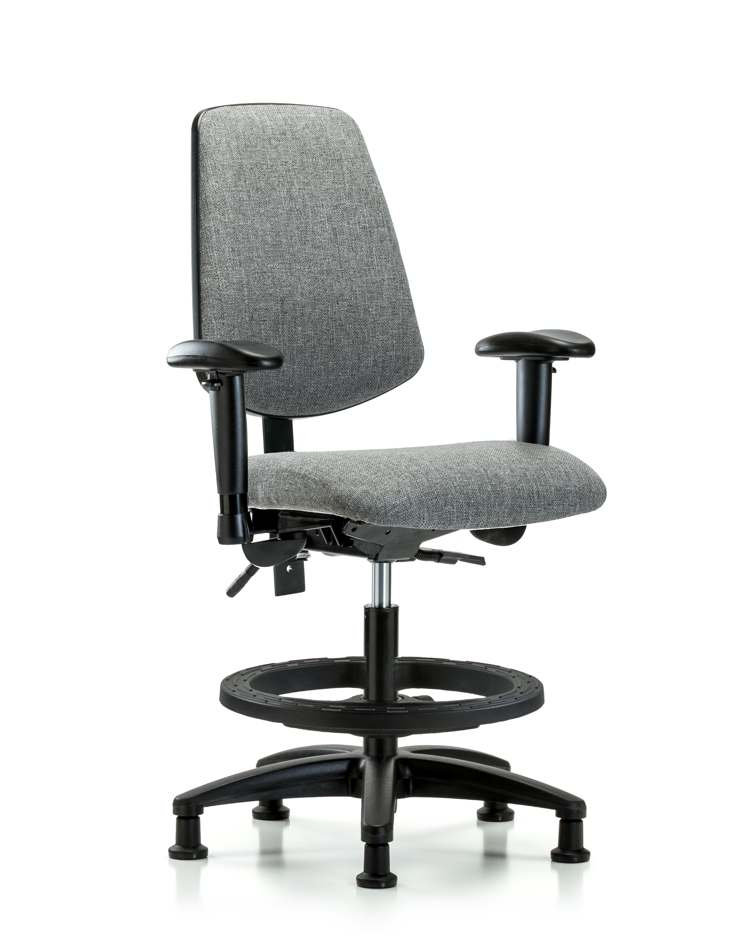 Rutledge Fabric Chair - Medium Bench Height with Medium Back, Seat Tilt, Adjustable Arms, Black Foot Ring, & Stationary Glides in Gray Fabric