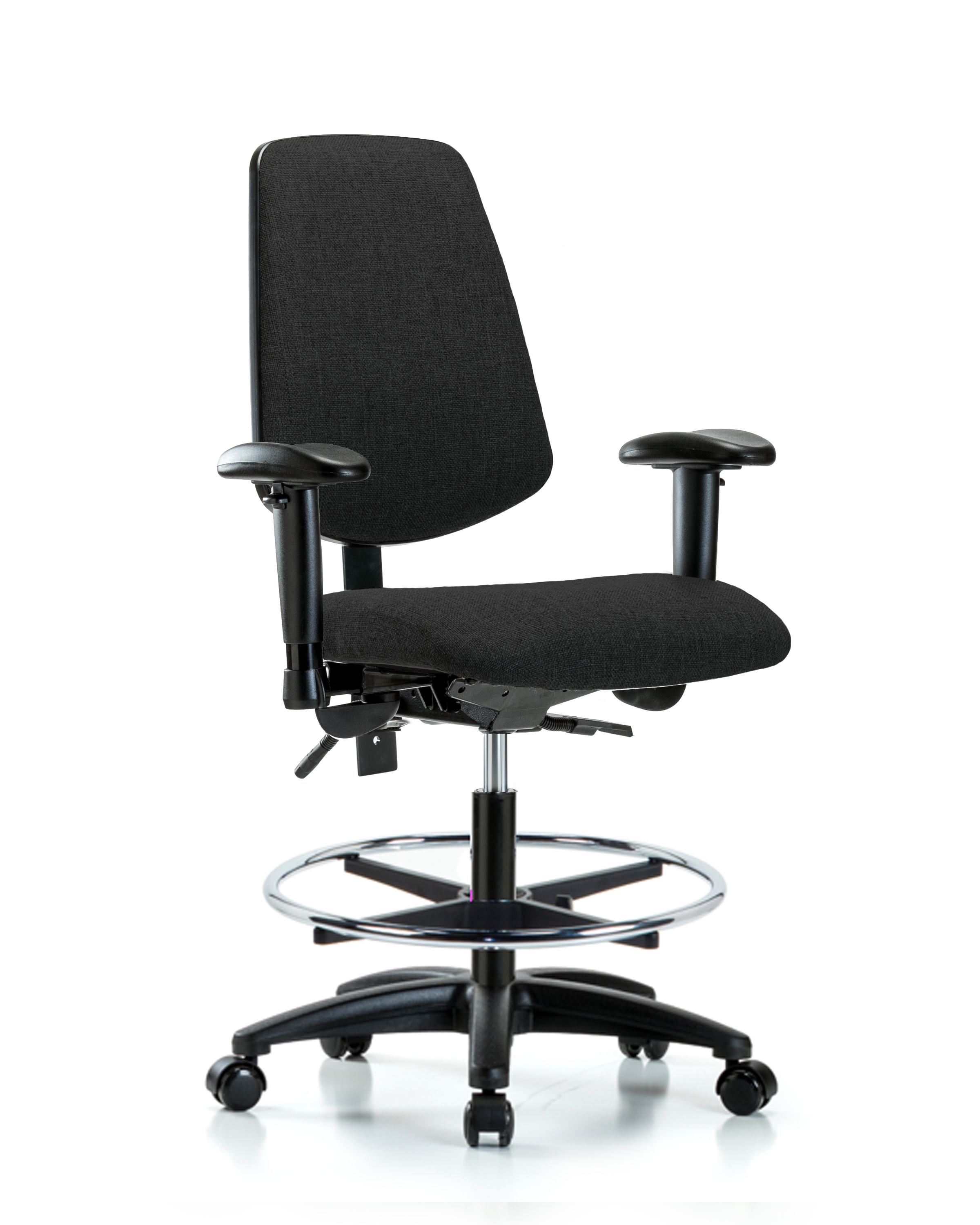 Rutledge Fabric Chair - Medium Bench Height with Medium Back, Seat Tilt, Adjustable Arms, Chrome Foot Ring, & Casters in Black Fabric