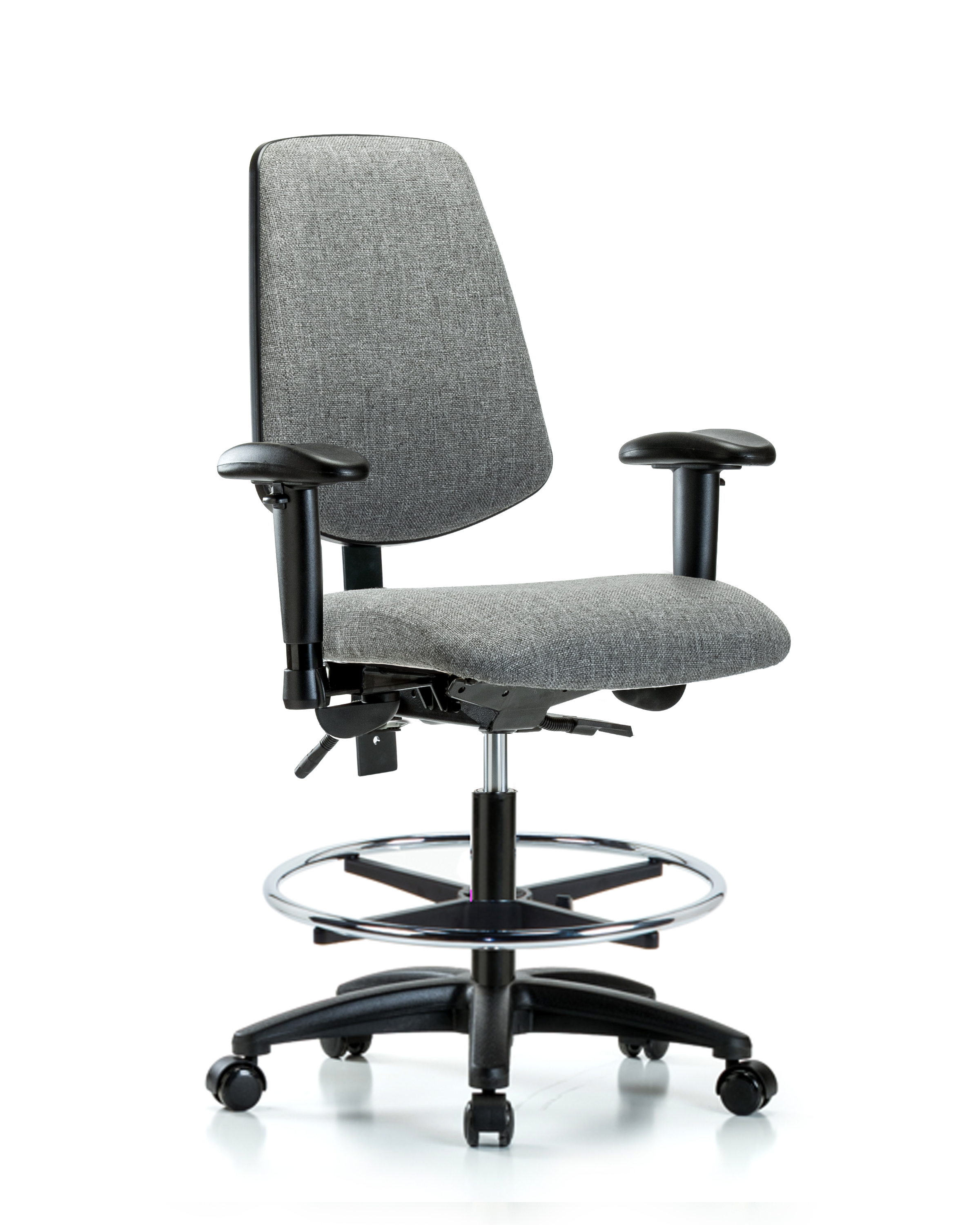 Rutledge Fabric Chair - Medium Bench Height with Medium Back, Seat Tilt, Adjustable Arms, Chrome Foot Ring, & Casters in Gray Fabric