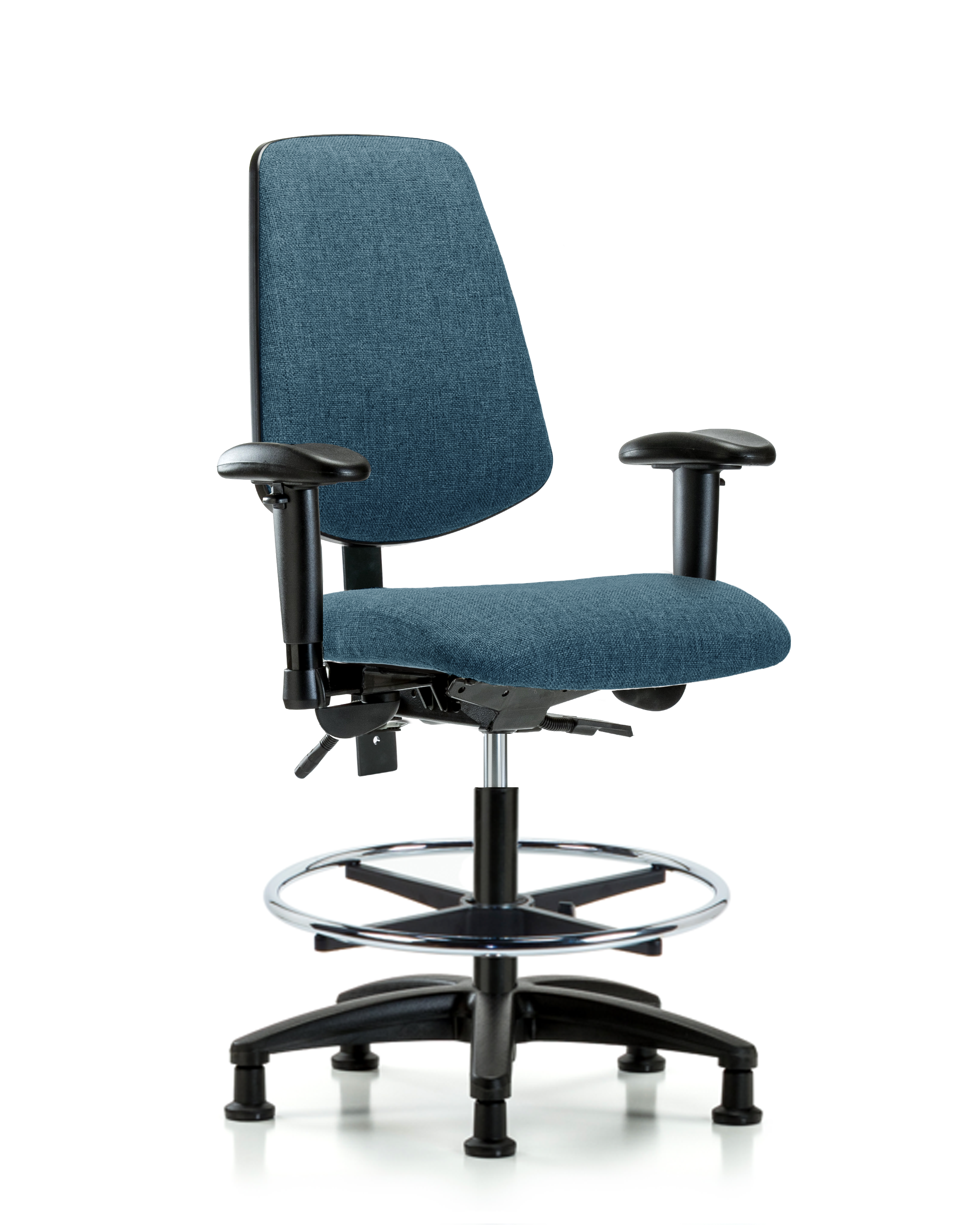 Rutledge Fabric Chair - Medium Bench Height with Medium Back, Seat Tilt, Adjustable Arms, Chrome Foot Ring, & Stationary Glides in Blue Fabric