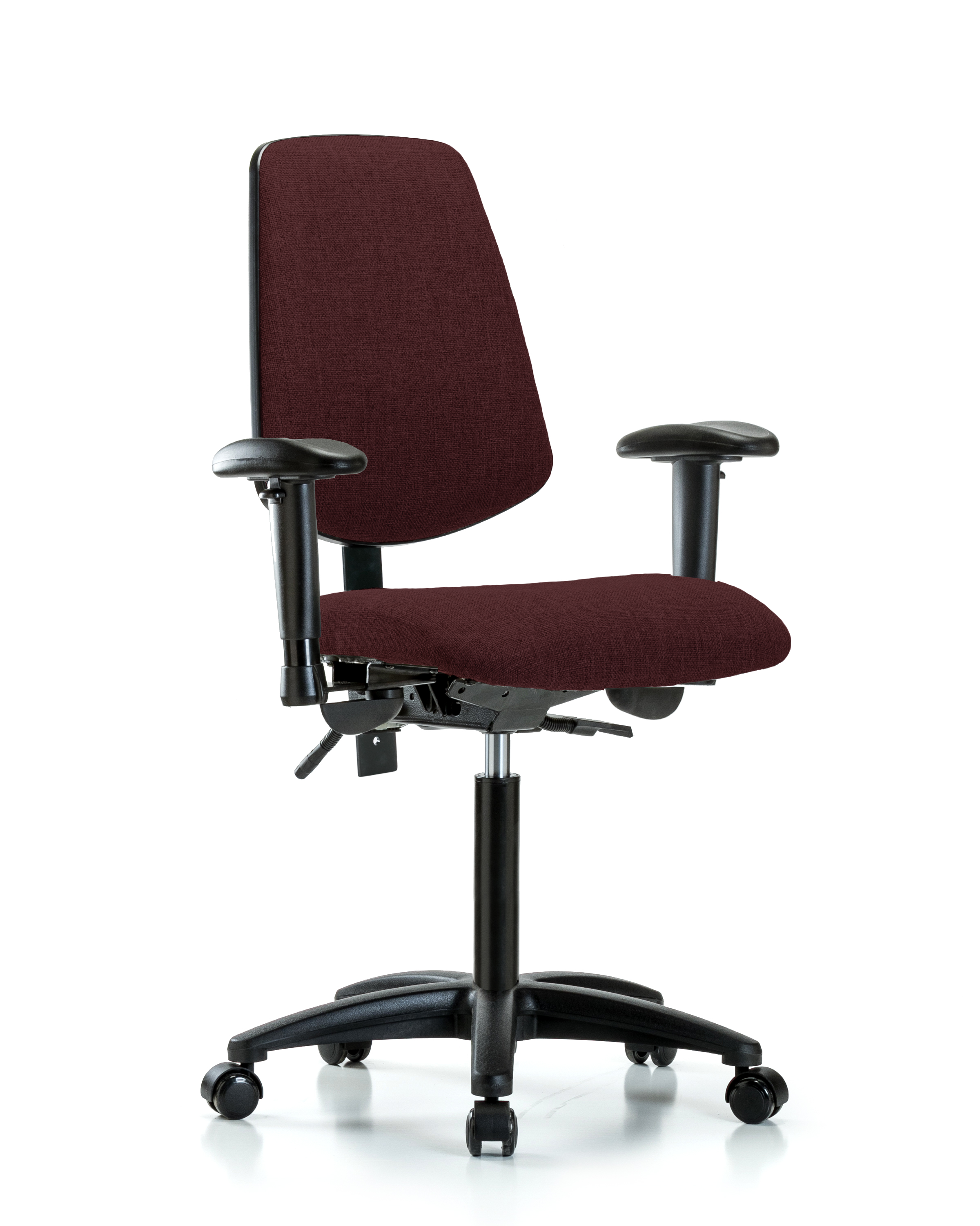 Rutledge Fabric Chair - Medium Bench Height with Medium Back, Seat Tilt, Adjustable Arms, & Casters in Burgundy Fabric