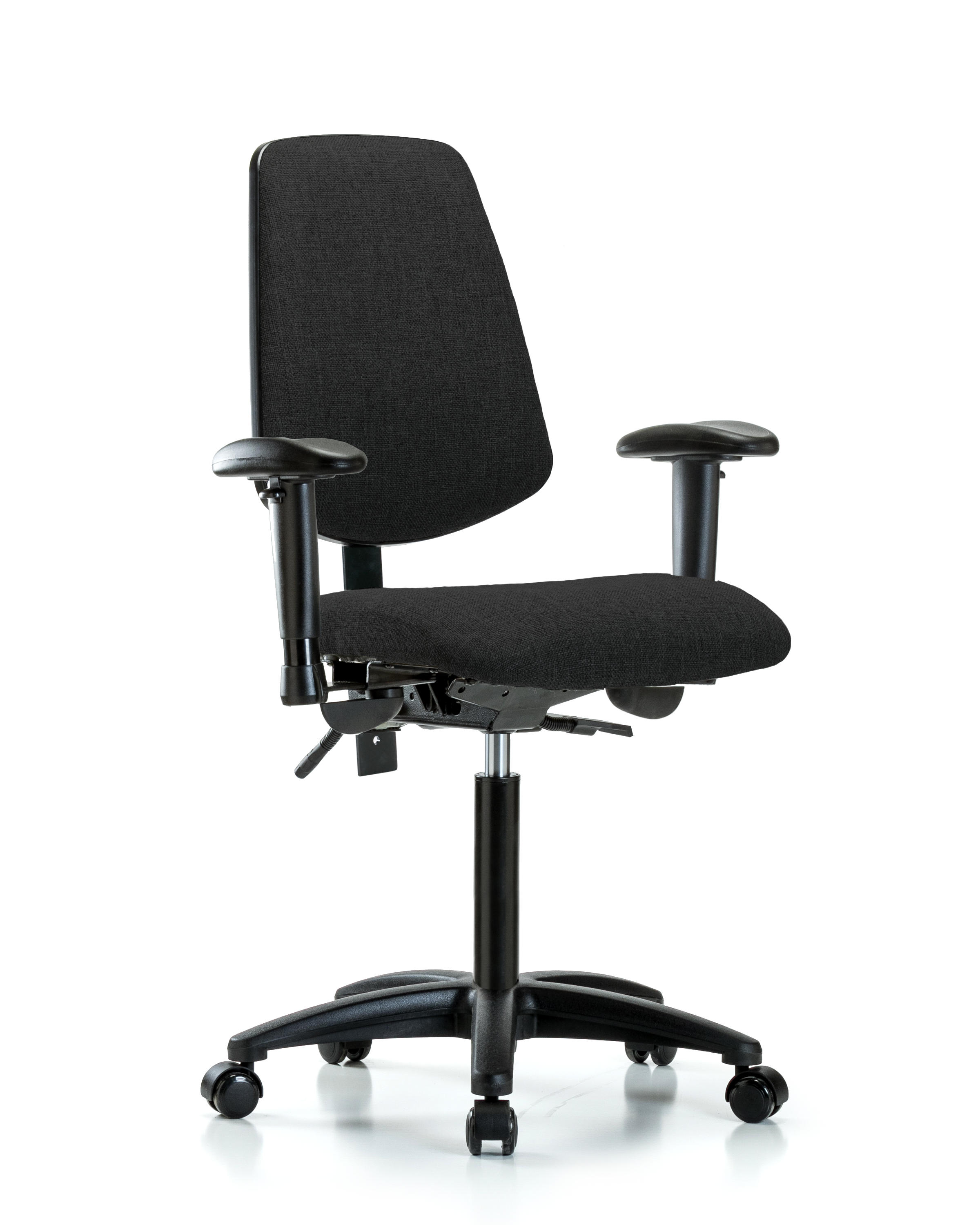 Rutledge Fabric Chair - Medium Bench Height with Medium Back, Seat Tilt, Adjustable Arms, & Casters in Black Fabric