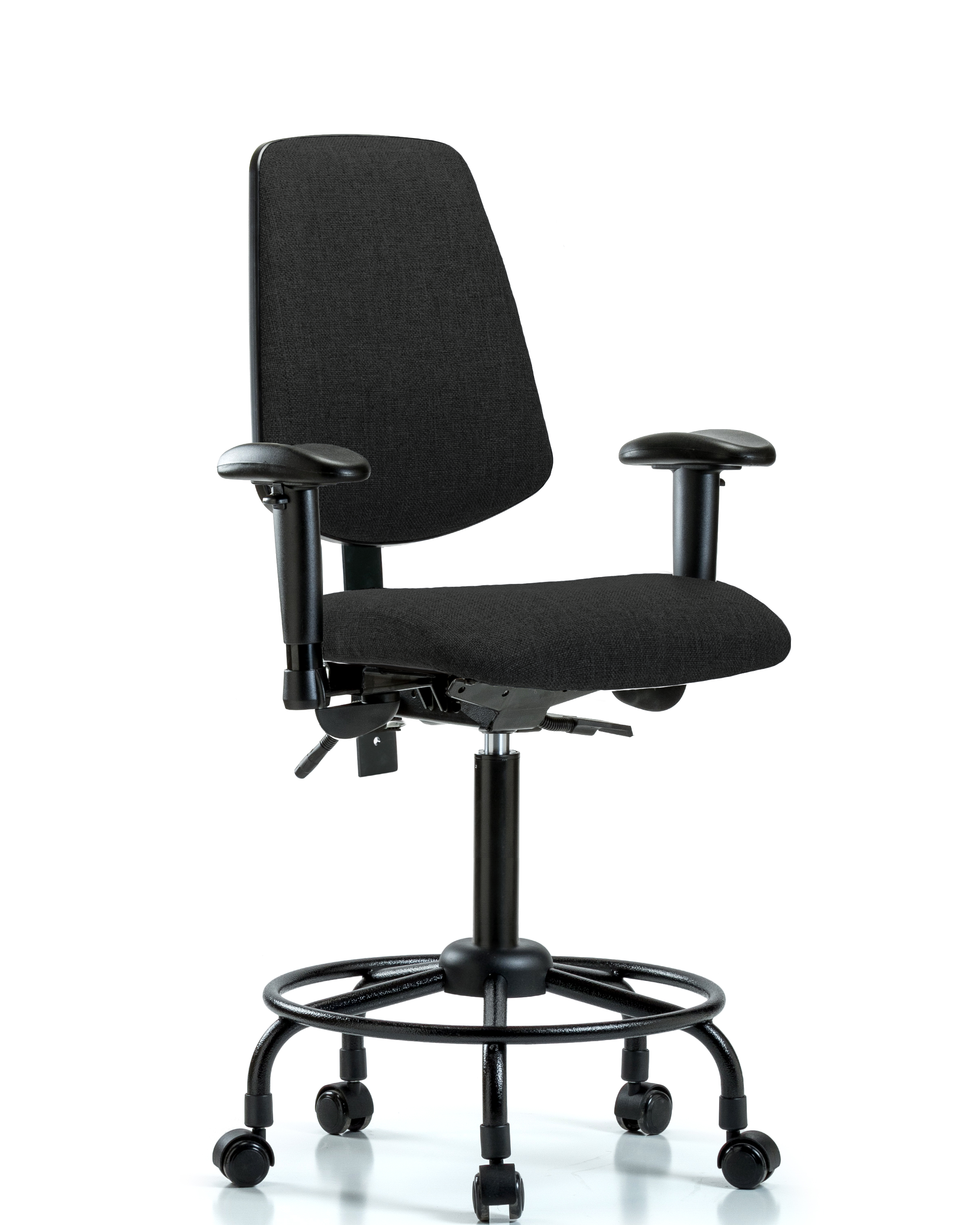 Rutledge Fabric Chair - Medium Bench Height with Round Tube Base, Medium Back, Adjustable Arms, & Casters in Black Fabric
