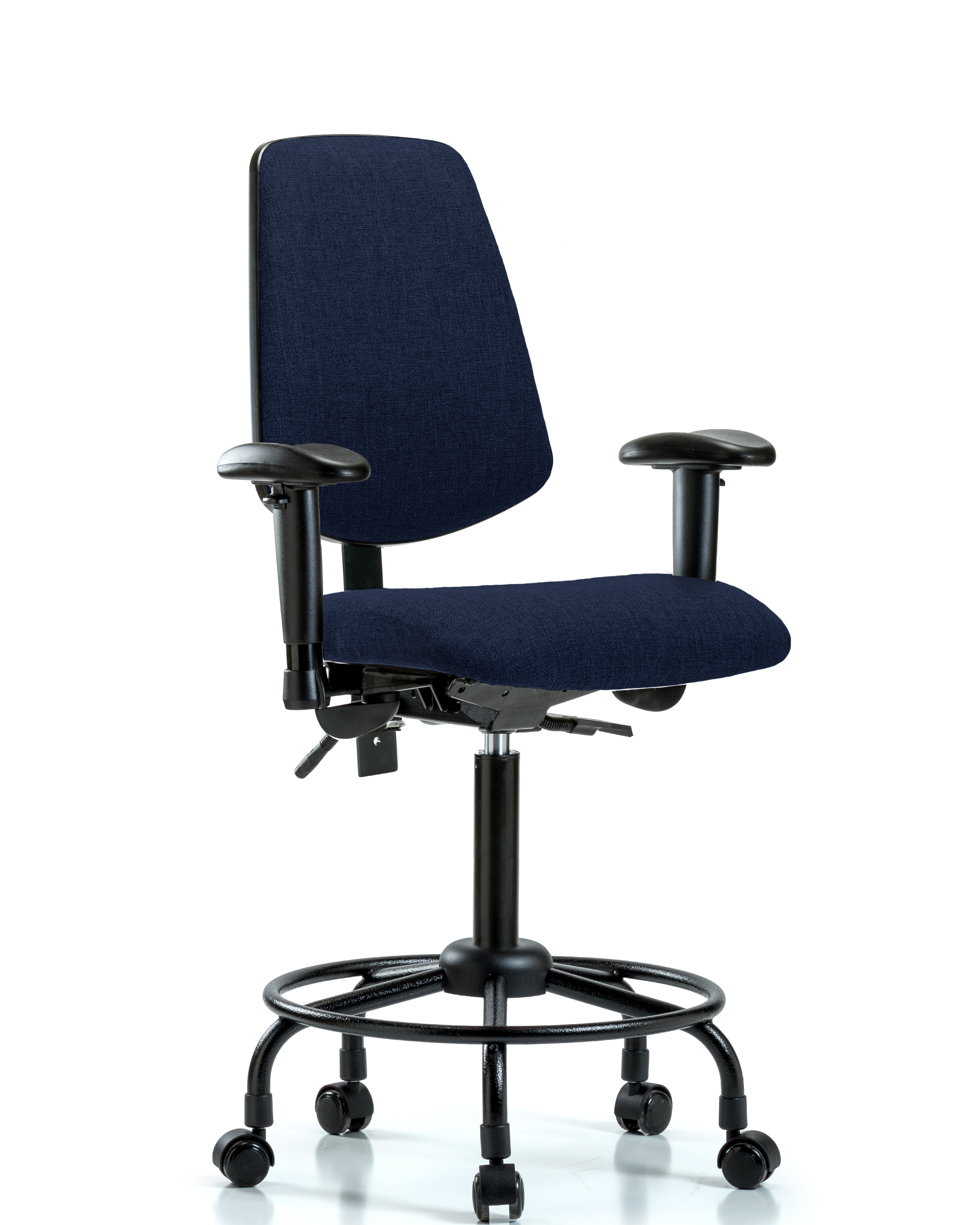 Rutledge Fabric Chair - Medium Bench Height with Round Tube Base, Medium Back, Adjustable Arms, & Casters in Navy Fabric