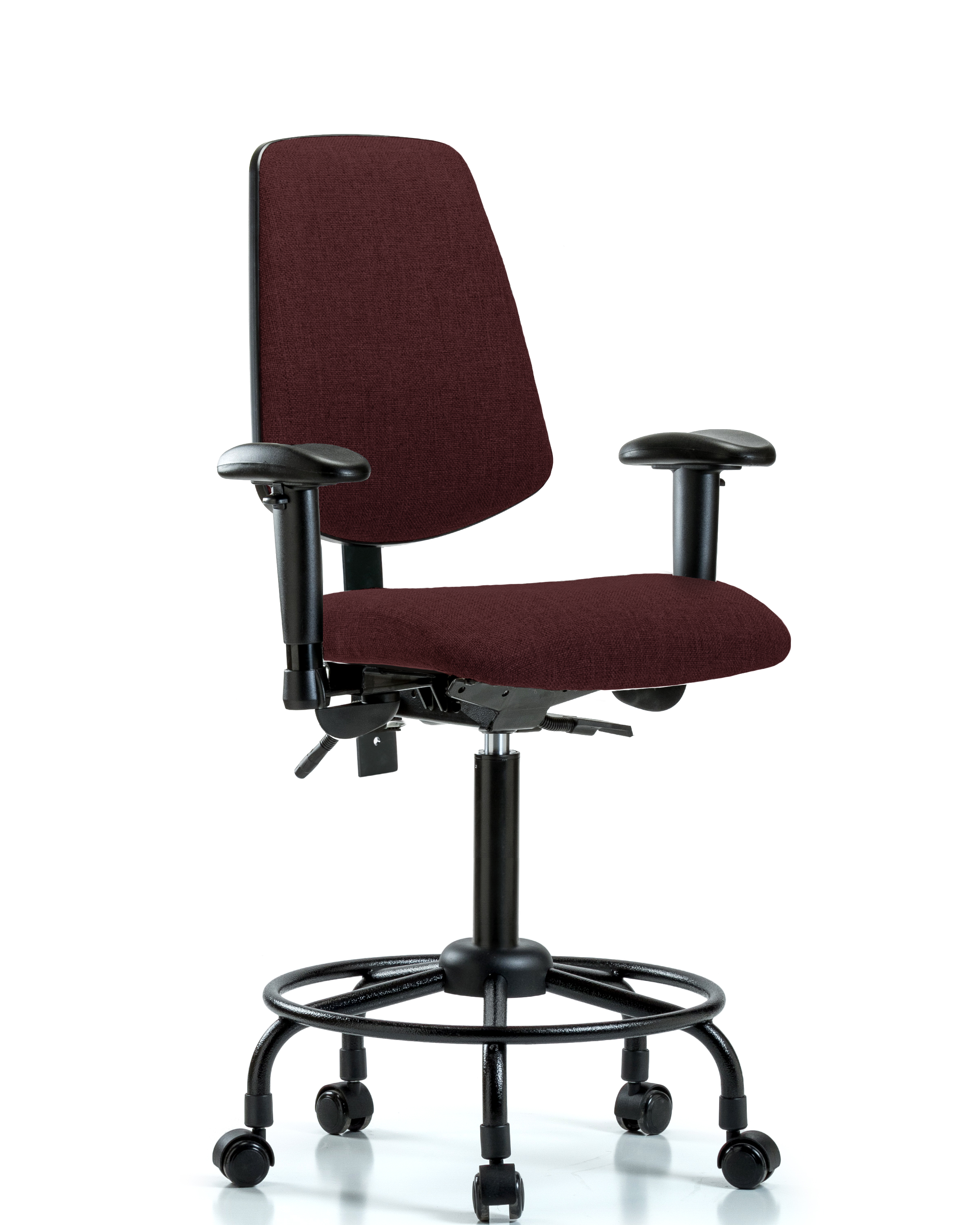 Rutledge Fabric Chair - Medium Bench Height with Round Tube Base, Medium Back, Seat Tilt, Adjustable Arms, & Casters in Burgundy Fabric