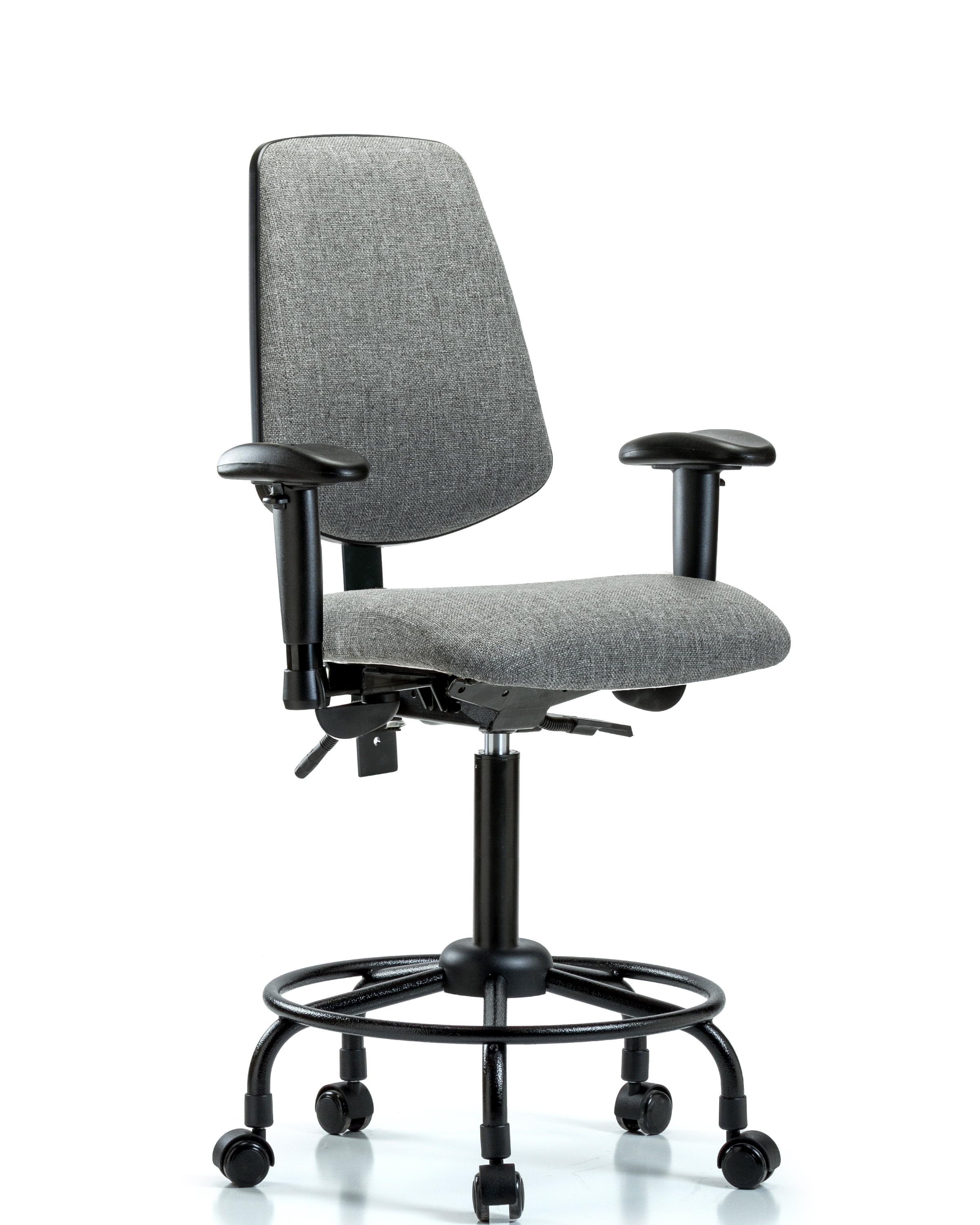 Rutledge Fabric Chair - Medium Bench Height with Round Tube Base, Medium Back, Seat Tilt, Adjustable Arms, & Casters in Gray Fabric