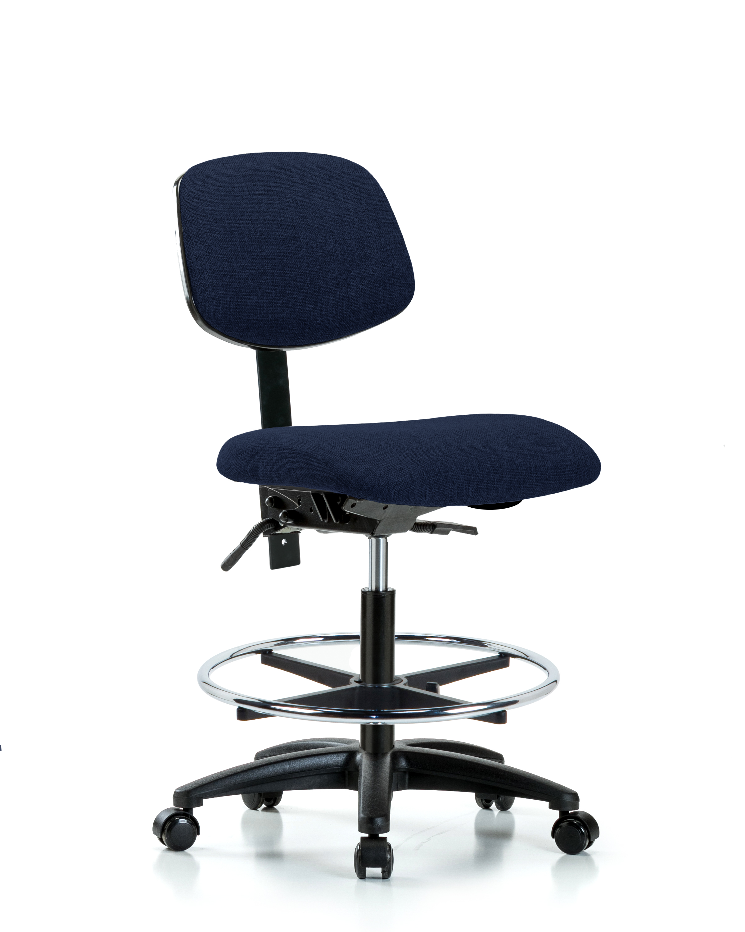 Rutledge Fabric Chair - Medium Bench Height with Chrome Foot Ring & Casters in Navy Fabric