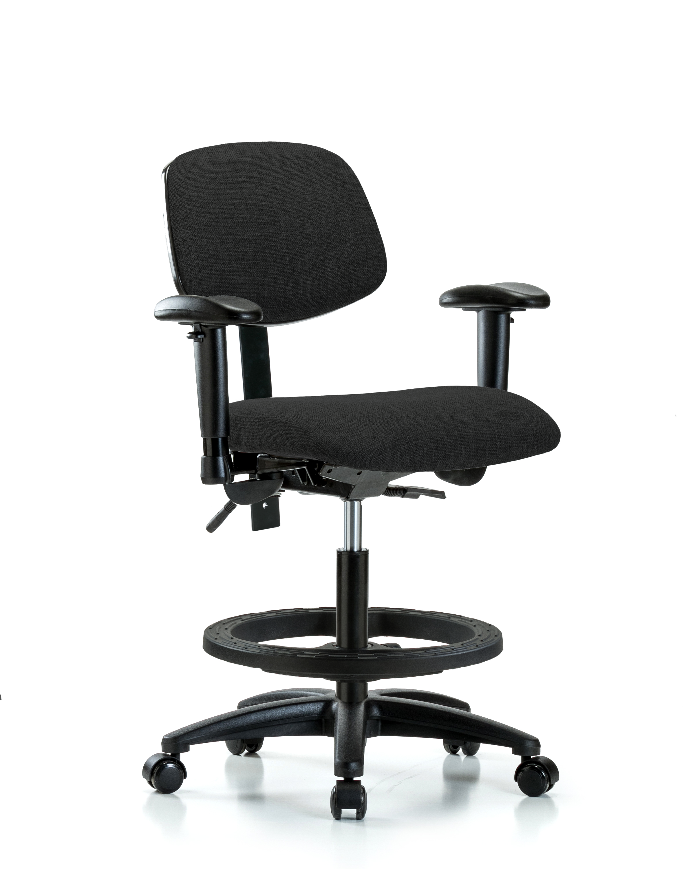 Rutledge Fabric Chair - Medium Bench Height with Adjustable Arms, Black Foot Ring, & Casters in Black Fabric