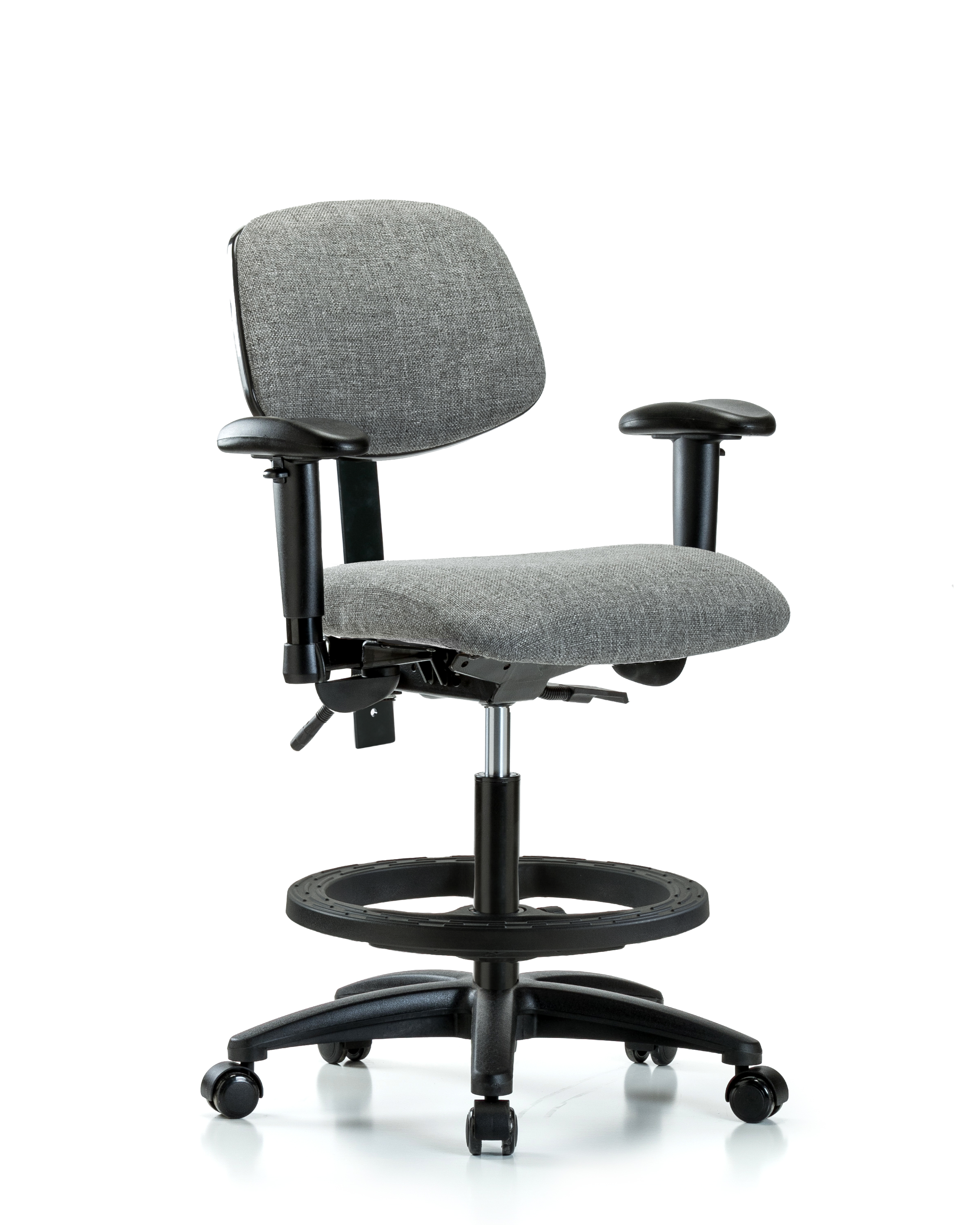 Rutledge Fabric Chair - Medium Bench Height with Adjustable Arms, Black Foot Ring, & Casters in Gray Fabric