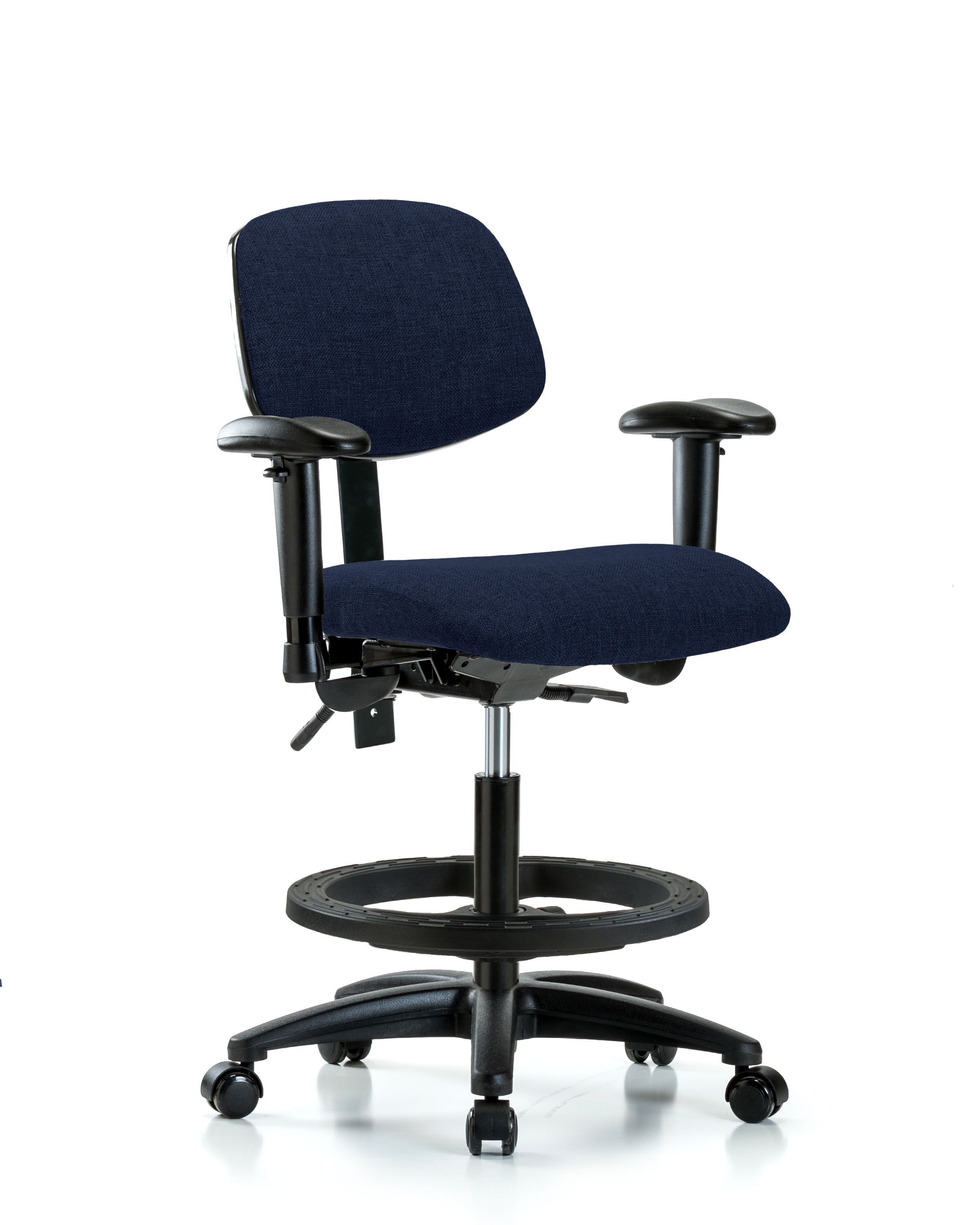 Rutledge Fabric Chair - Medium Bench Height with Adjustable Arms, Black Foot Ring, & Casters in Navy Fabric