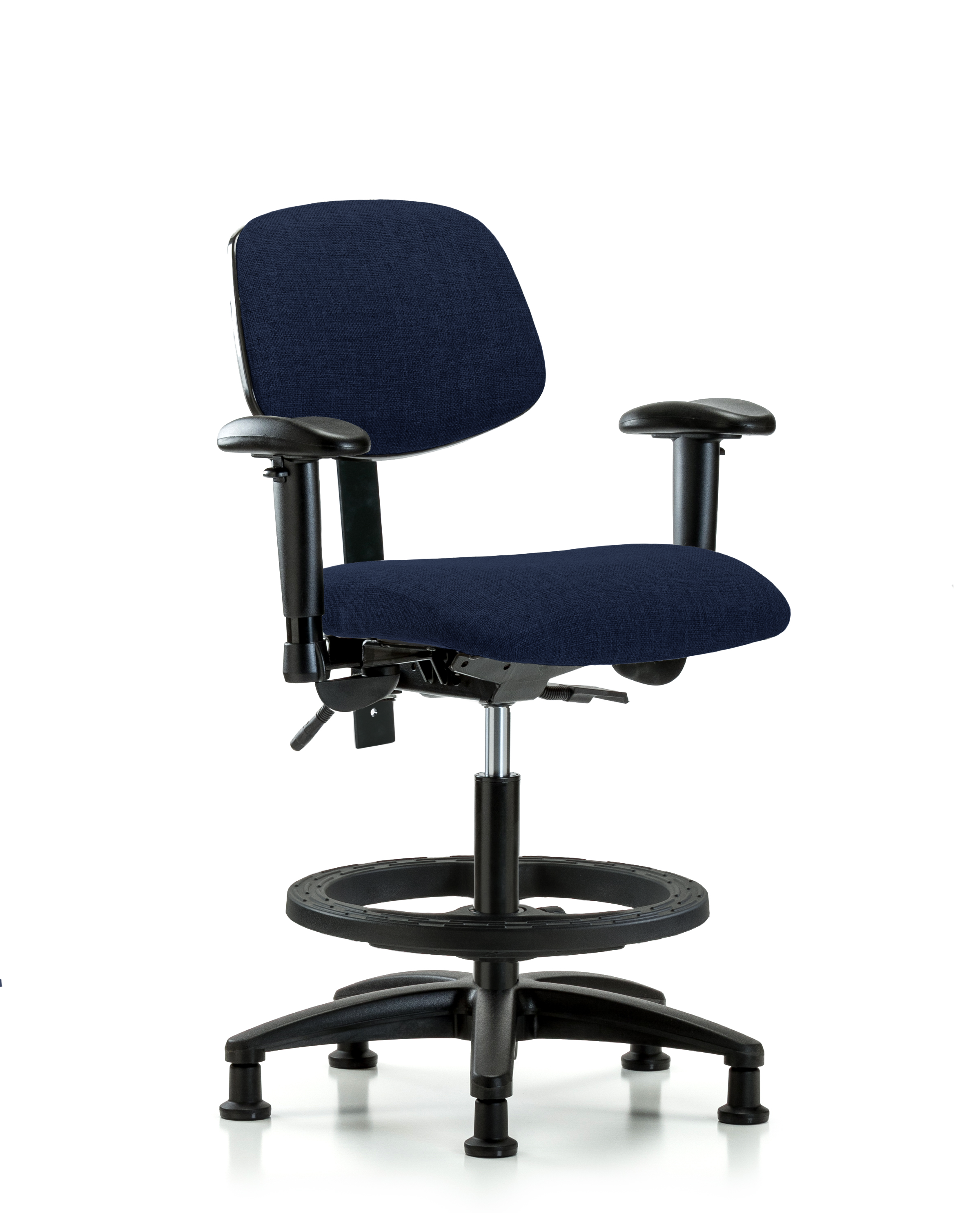 Rutledge Fabric Chair - Medium Bench Height with Adjustable Arms, Black Foot Ring, & Stationary Glides in Navy Fabric