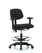 Rutledge Fabric Chair - Medium Bench Height with Adjustable Arms, Chrome Foot Ring, & Casters in Black Fabric