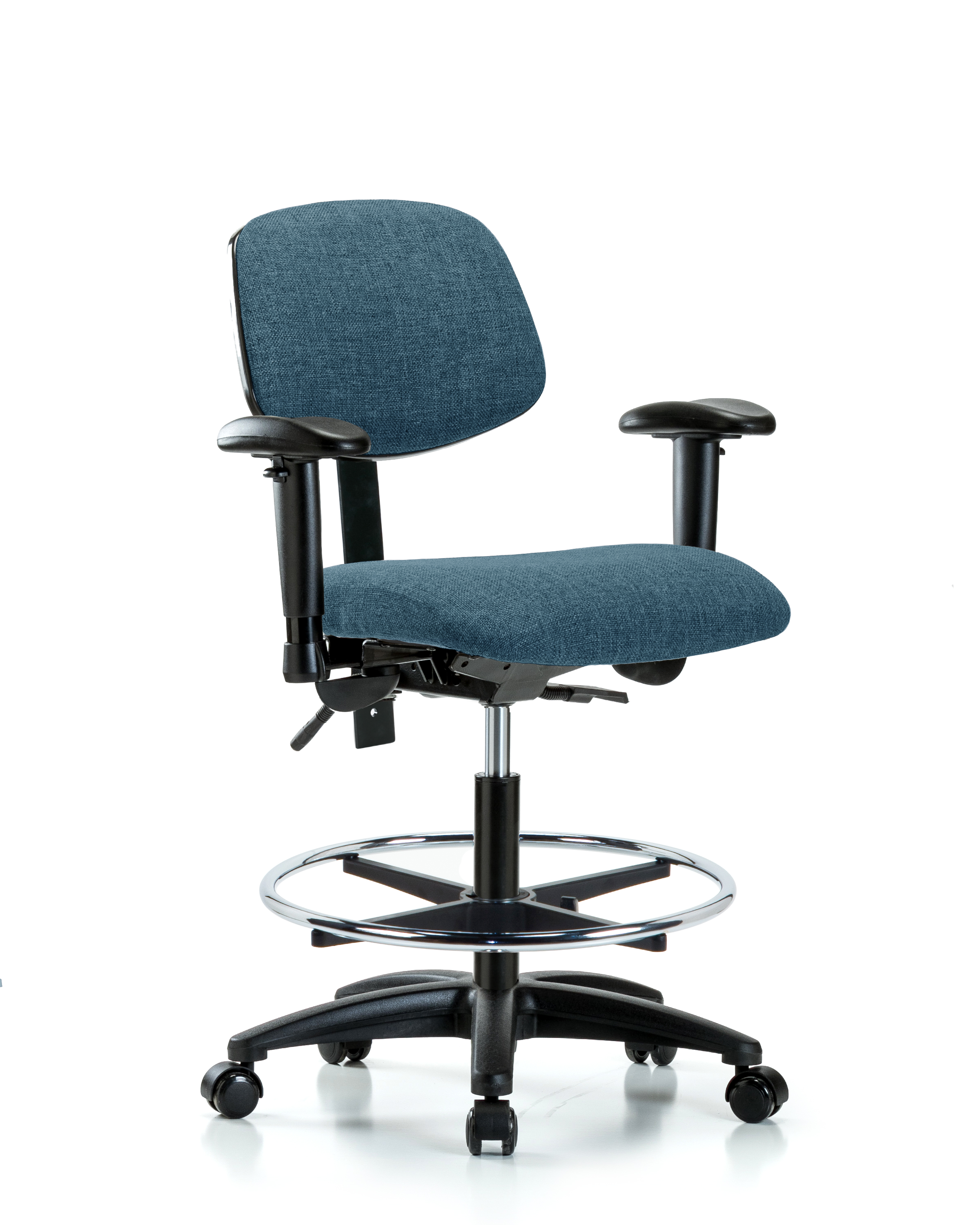 Rutledge Fabric Chair - Medium Bench Height with Adjustable Arms, Chrome Foot Ring, & Casters in Blue Fabric