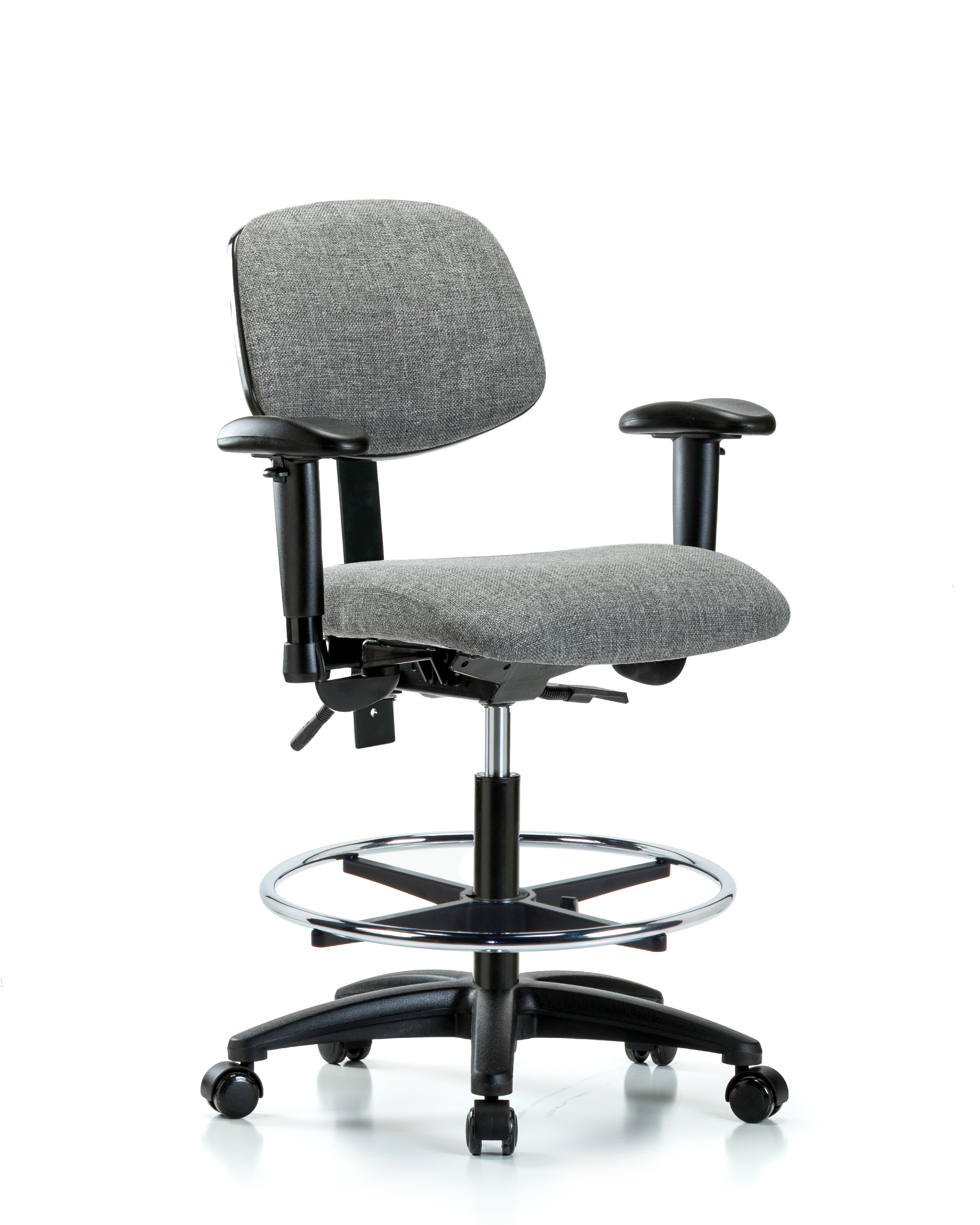 Rutledge Fabric Chair - Medium Bench Height with Adjustable Arms, Chrome Foot Ring, & Casters in Gray Fabric
