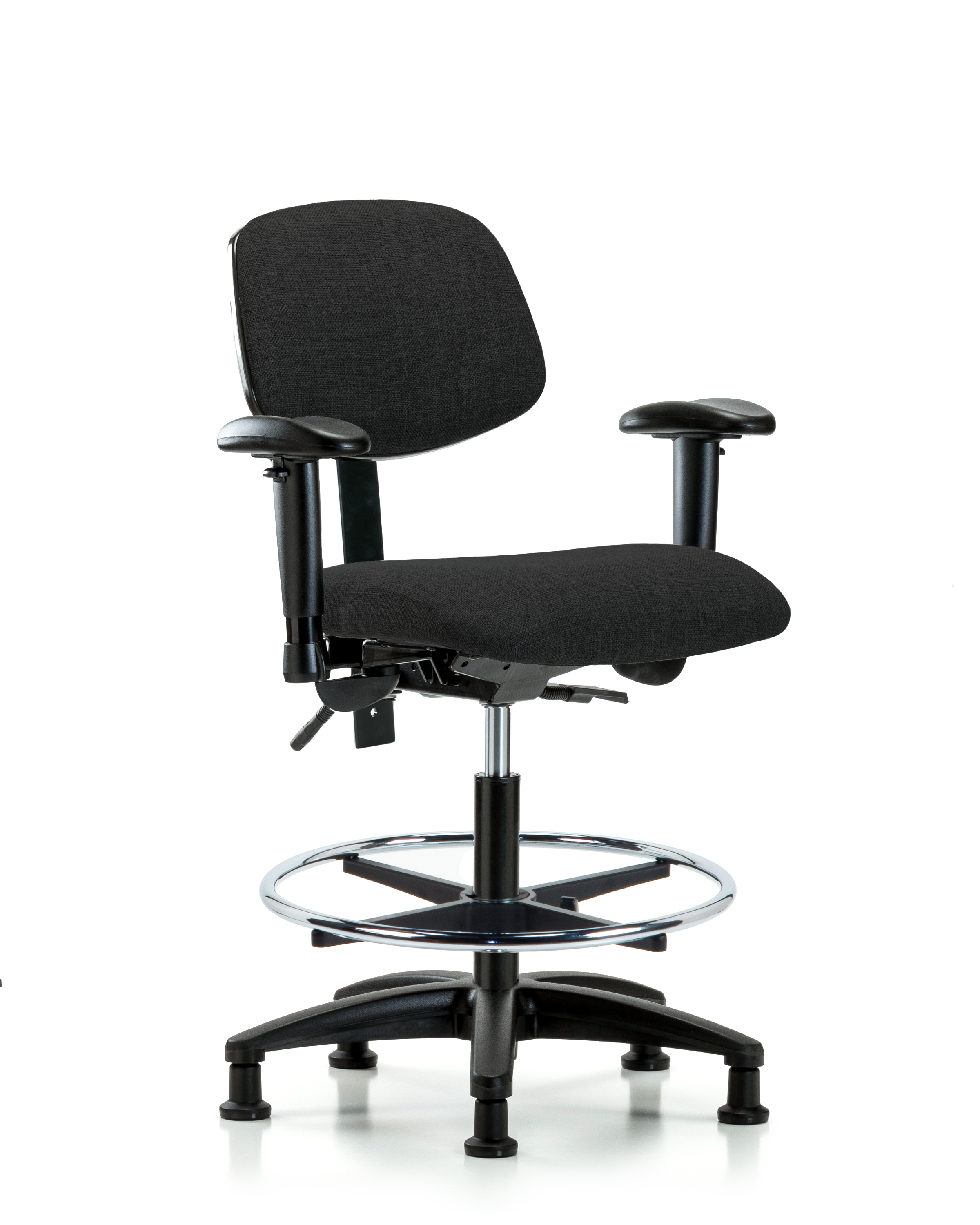 Rutledge Fabric Chair - Medium Bench Height with Adjustable Arms, Chrome Foot Ring, & Stationary Glides in Black Fabric