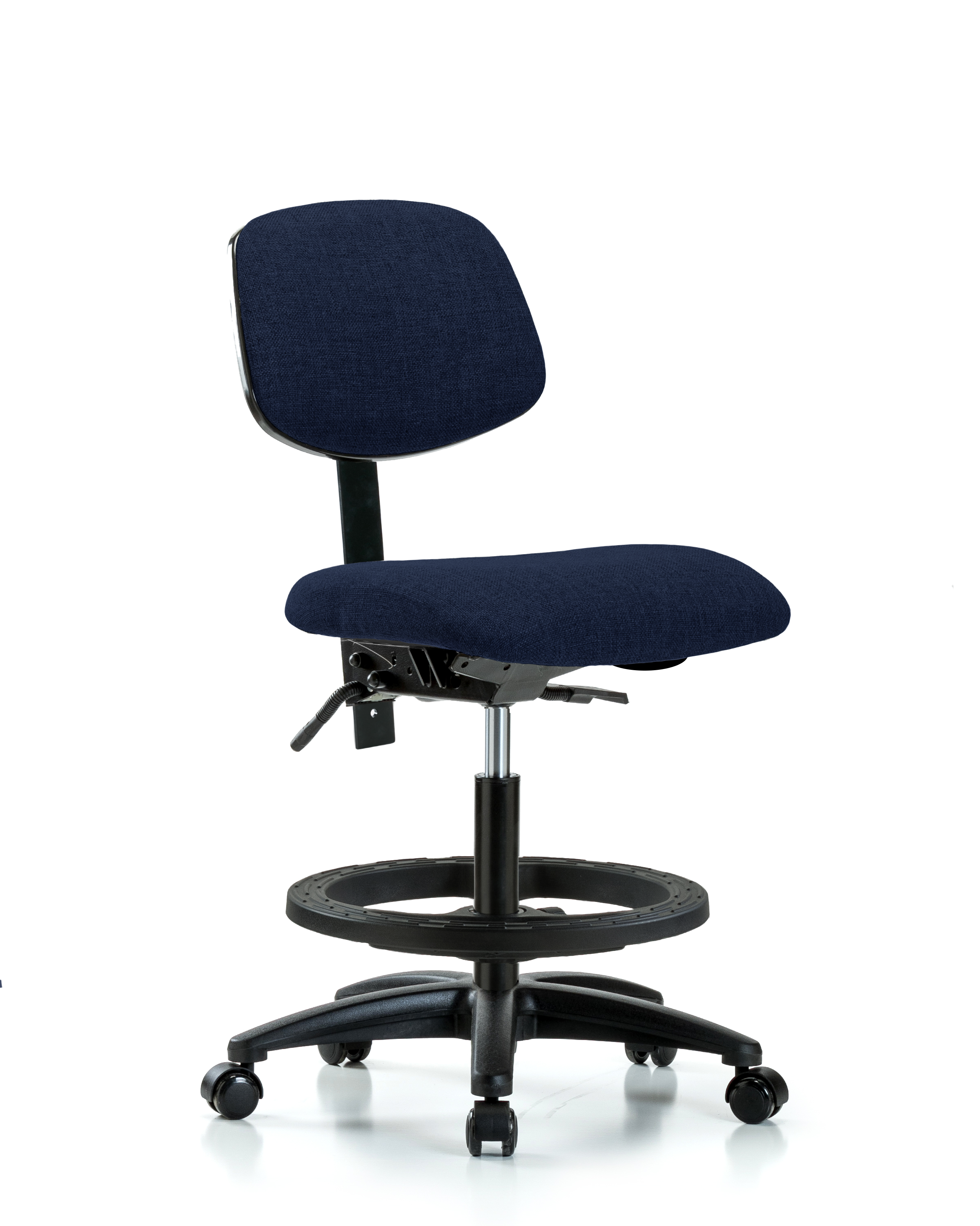 Rutledge Fabric Chair - Medium Bench Height with Seat Tilt, Black Foot Ring, & Casters in Navy Fabric