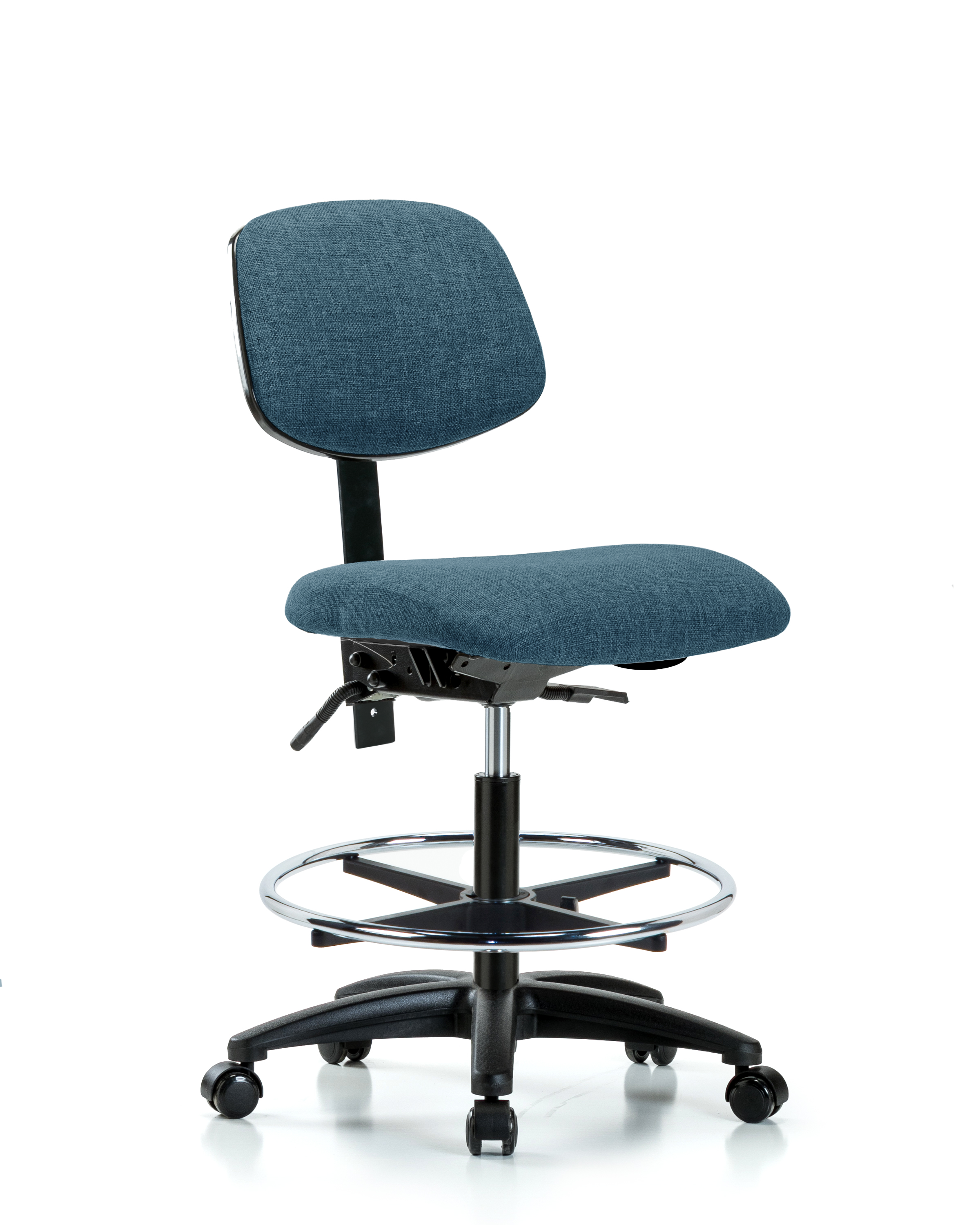 Rutledge Fabric Chair - Medium Bench Height with Seat Tilt, Chrome Foot Ring, & Casters in Blue Fabric