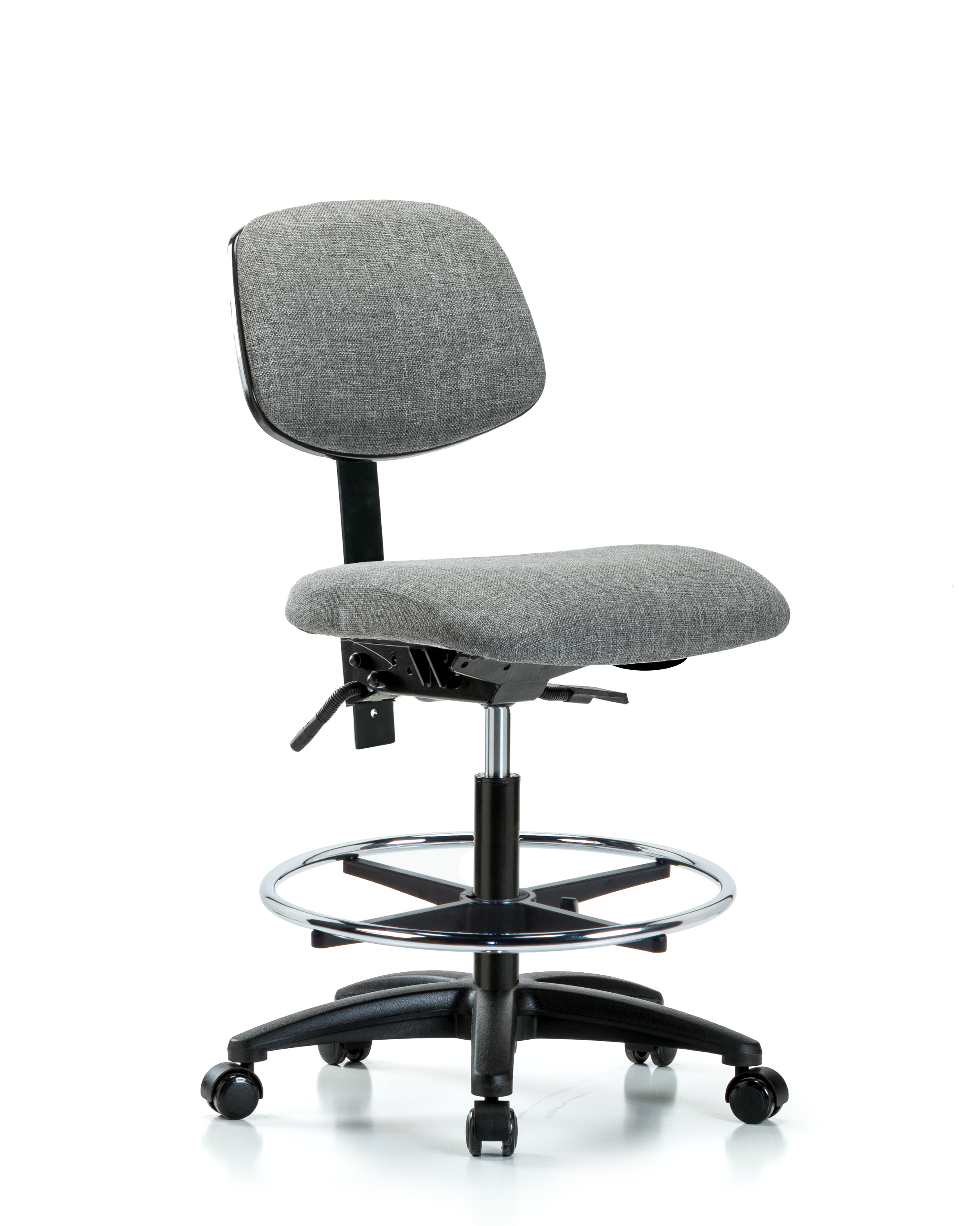 Rutledge Fabric Chair - Medium Bench Height with Seat Tilt, Chrome Foot Ring, & Casters in Gray Fabric
